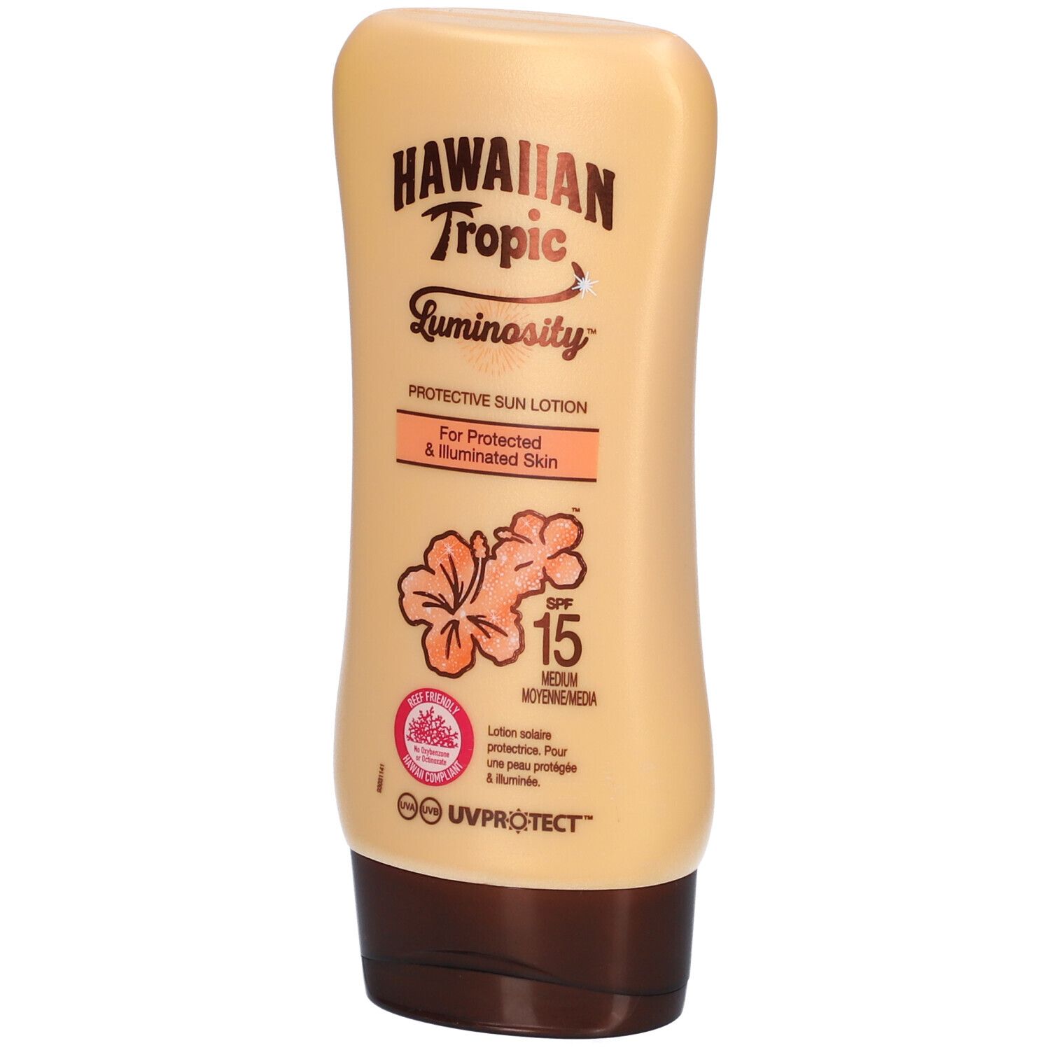 Hawaiian Tropic Luminosity Lotion Solaire Protectrice SPF15. Beige Flasche mit braunem Deckel. Logo und Produktinformationen.
