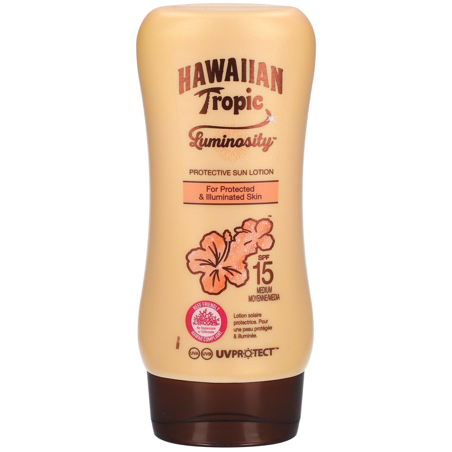 Hawaiian Tropic Luminosity Lotion Solaire Protectrice SPF15. Beige Flasche mit braunem Deckel. Logo und Produktinformationen.