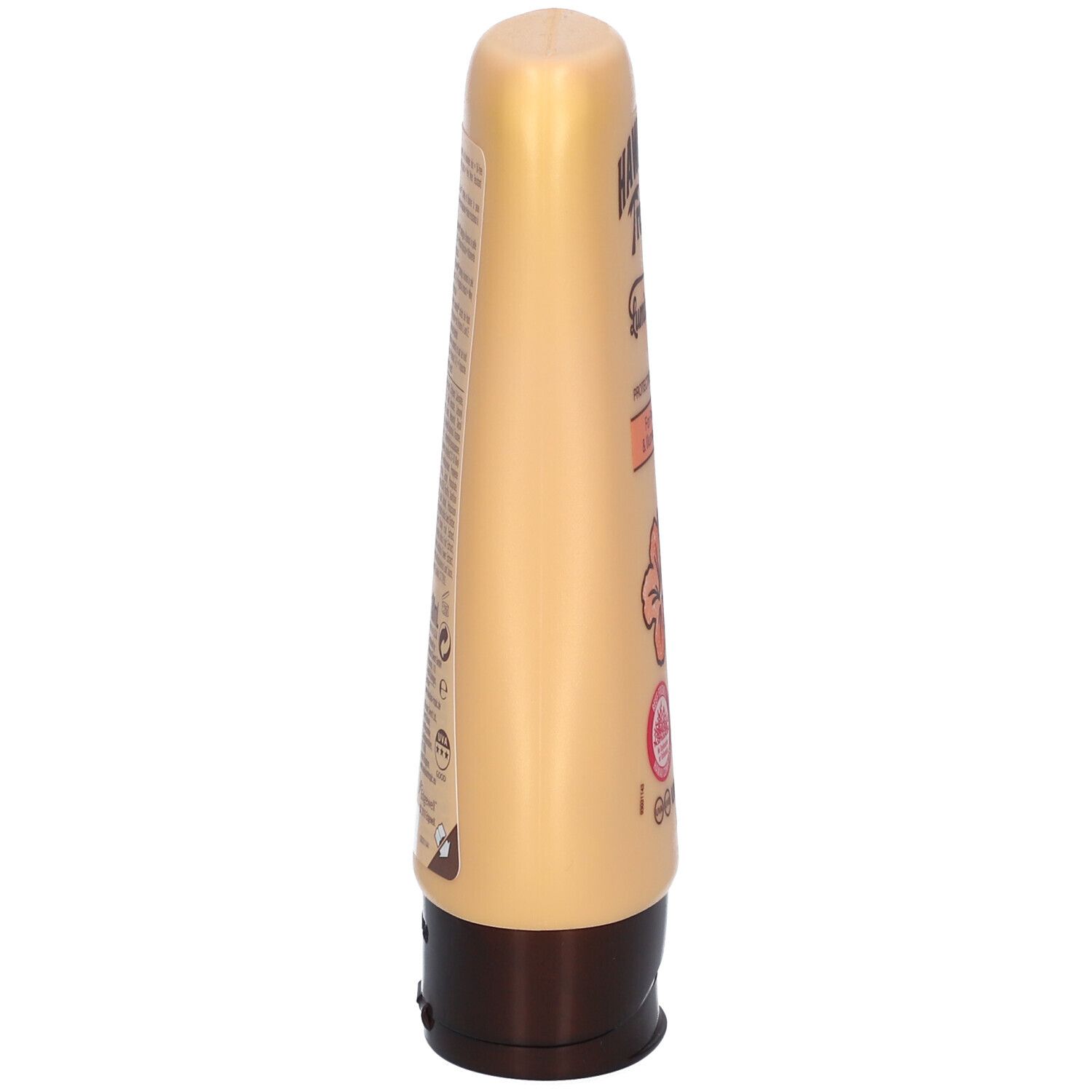 Sonnenlotion-Tube, seitliche Ansicht. Beige mit braunem Deckel. Text und Illustrationen auf der Vorderseite.