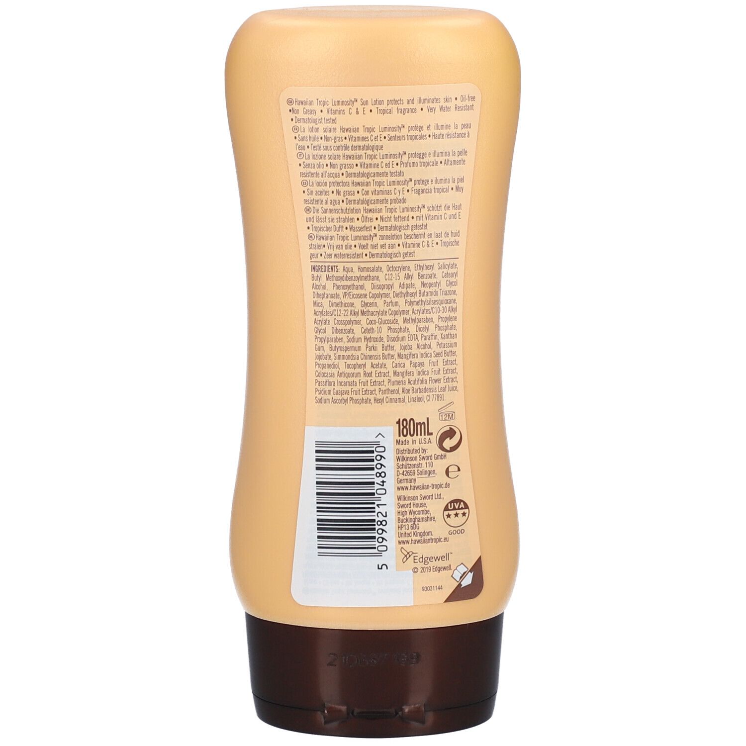 Rückseite der Sonnenlotion-Tube. Beige mit braunem Deckel. Text in mehreren Sprachen und Barcode.