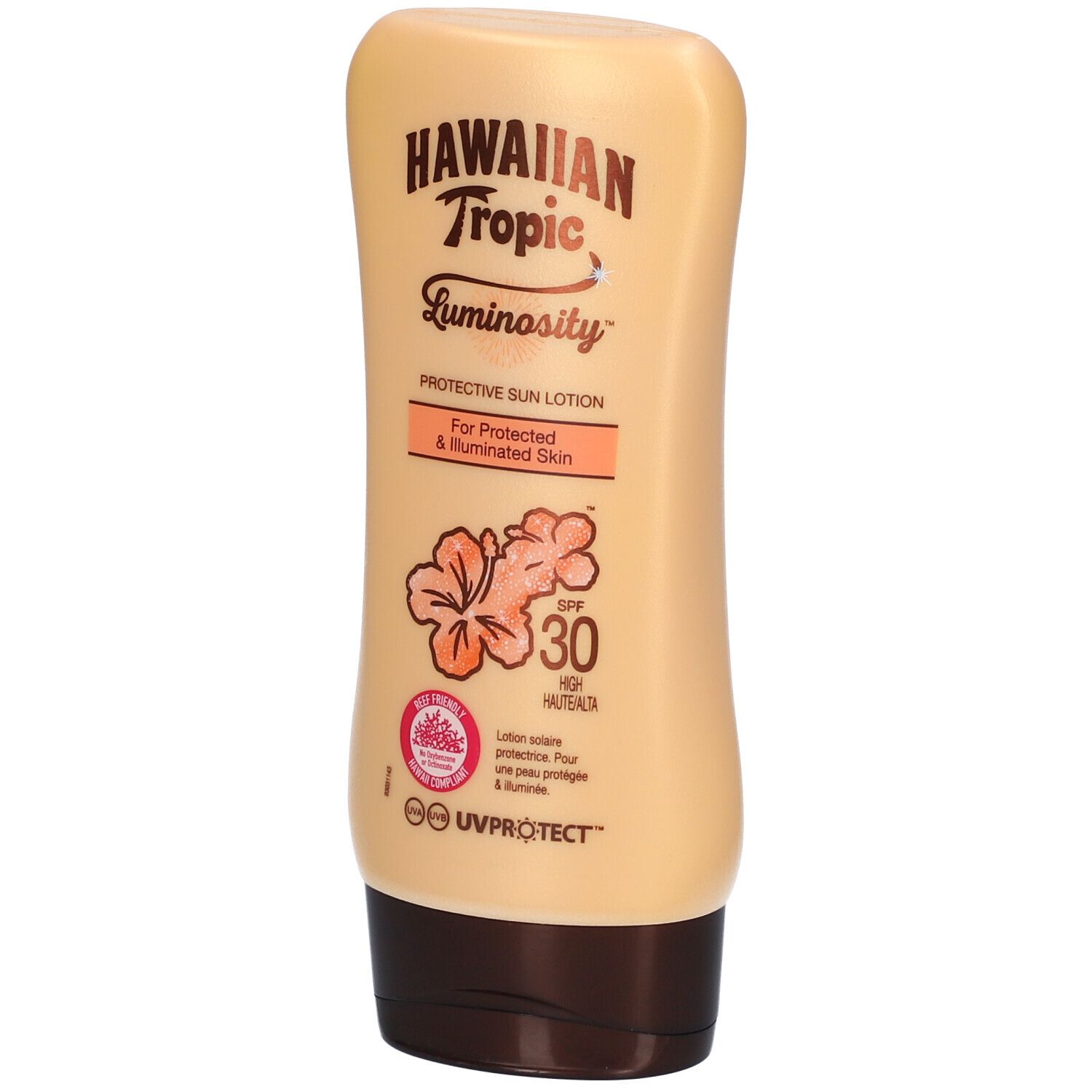Sonnenlotion-Tube, seitliche Ansicht. Beige mit braunem Deckel. Text und Illustrationen auf der Vorderseite.