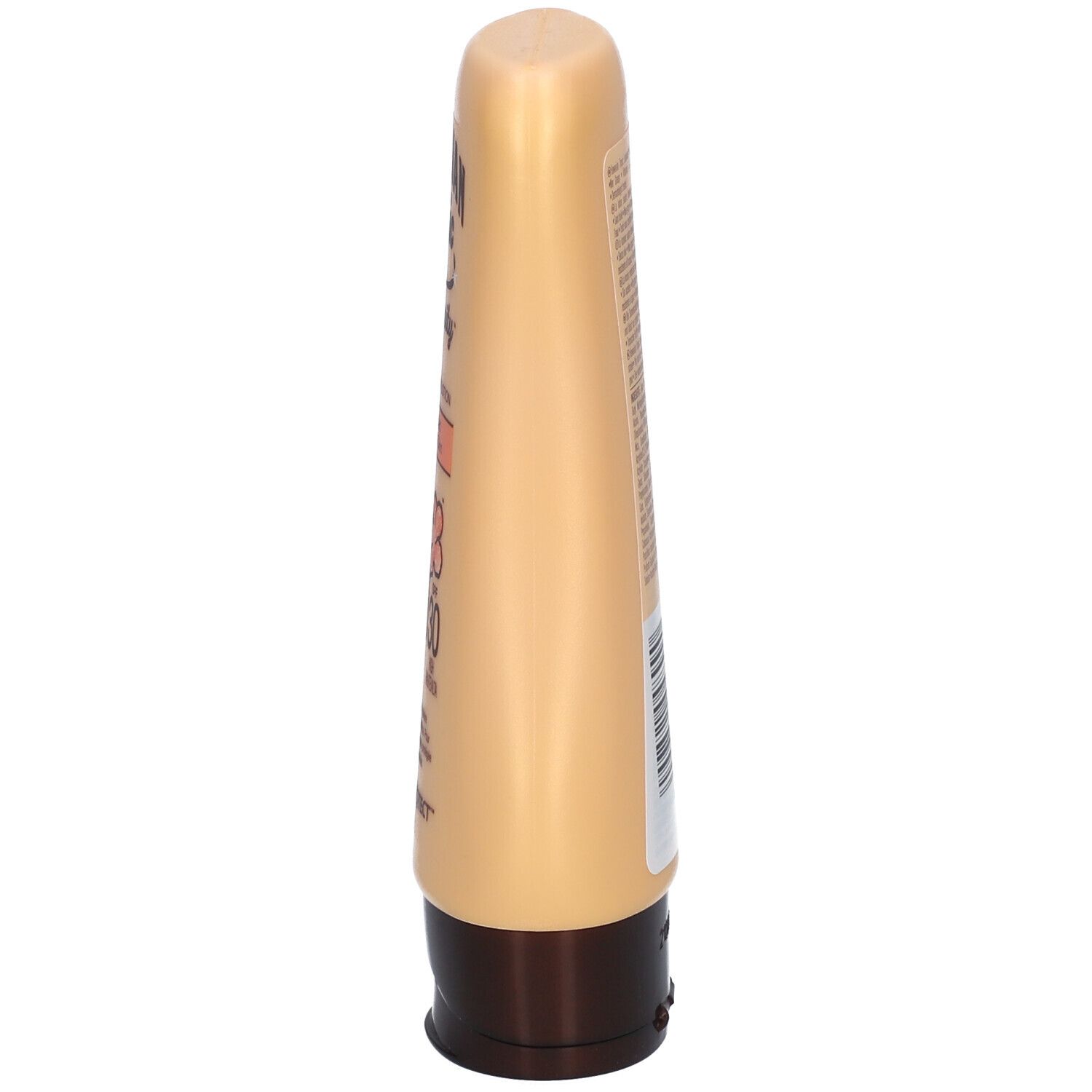 Beige Sonnenlotion-Tube mit braunem Deckel. Aufschrift: Hawaiian Tropic Luminosity, SPF 30. Abbildung einer Blüte.