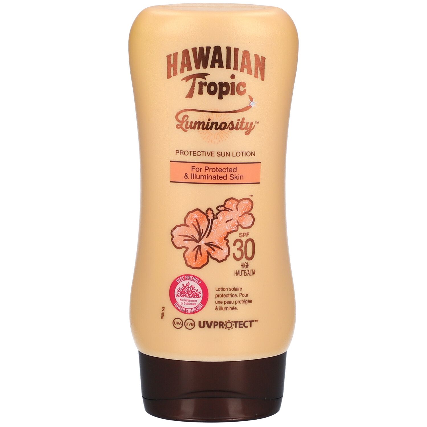 Beige Sonnenlotion-Tube mit braunem Deckel. Aufschrift: Hawaiian Tropic Luminosity, SPF 30. Abbildung einer Blüte.