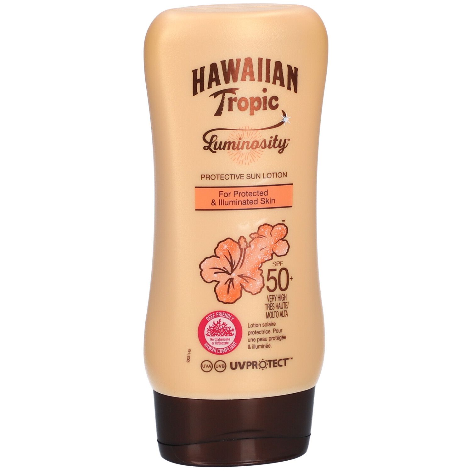 Hawaiian Tropic Luminosity Sonnenschutzlotion mit LSF 50 in einer hellbeigen Flasche.