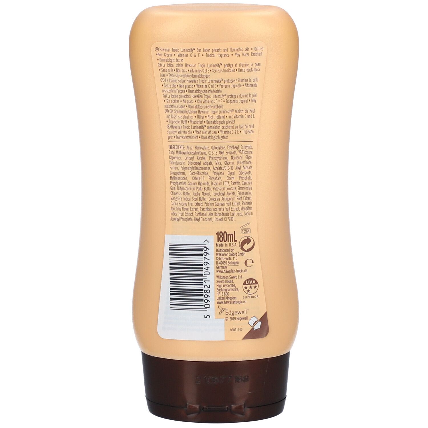 Rückseite einer hellbeigen Flasche Hawaiian Tropic Luminosity Sonnenschutzlotion mit Inhaltsstoffen.