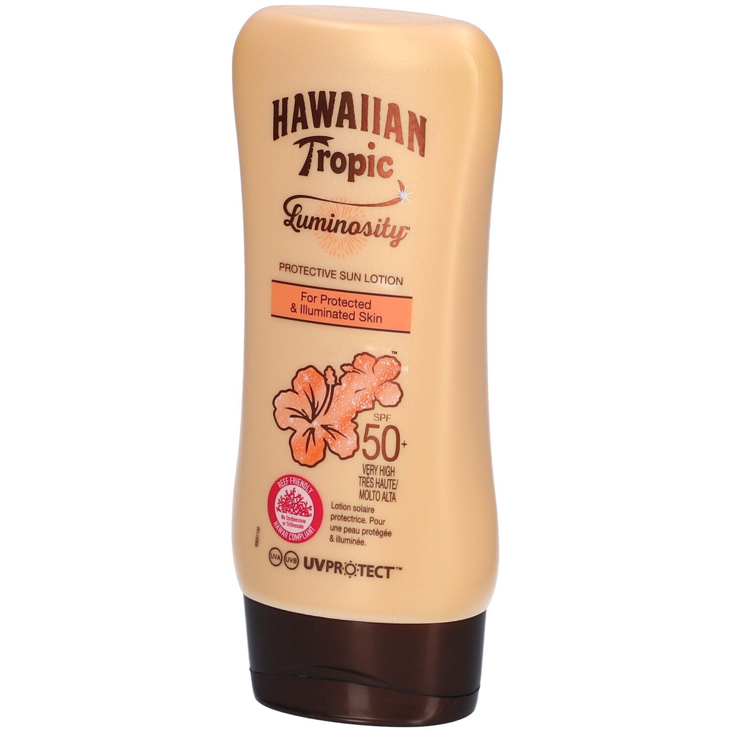 Hawaiian Tropic Luminosity Sonnenschutzlotion mit LSF 50 in einer hellbeigen Flasche.