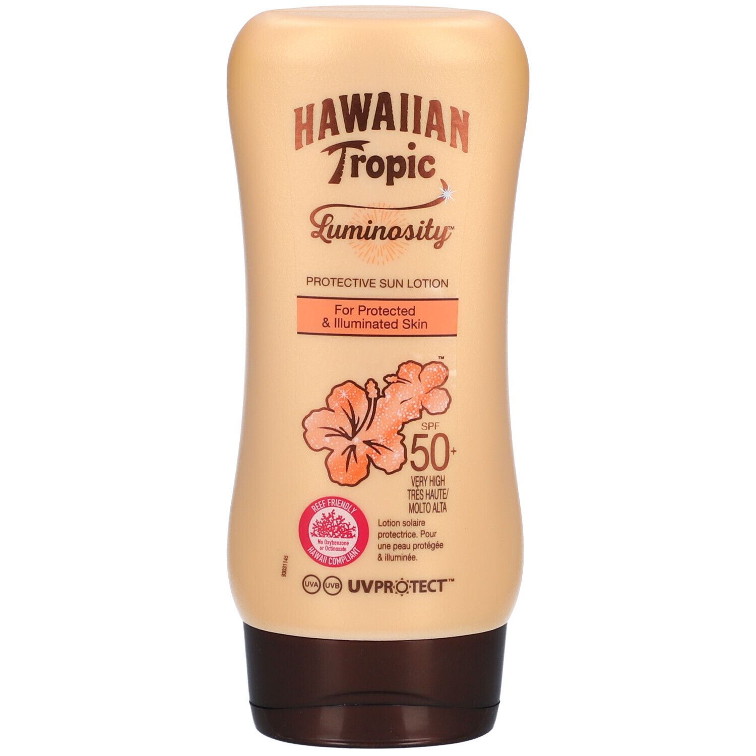 Hawaiian Tropic Luminosity Sonnenschutzlotion mit LSF 50 in einer hellbeigen Flasche.