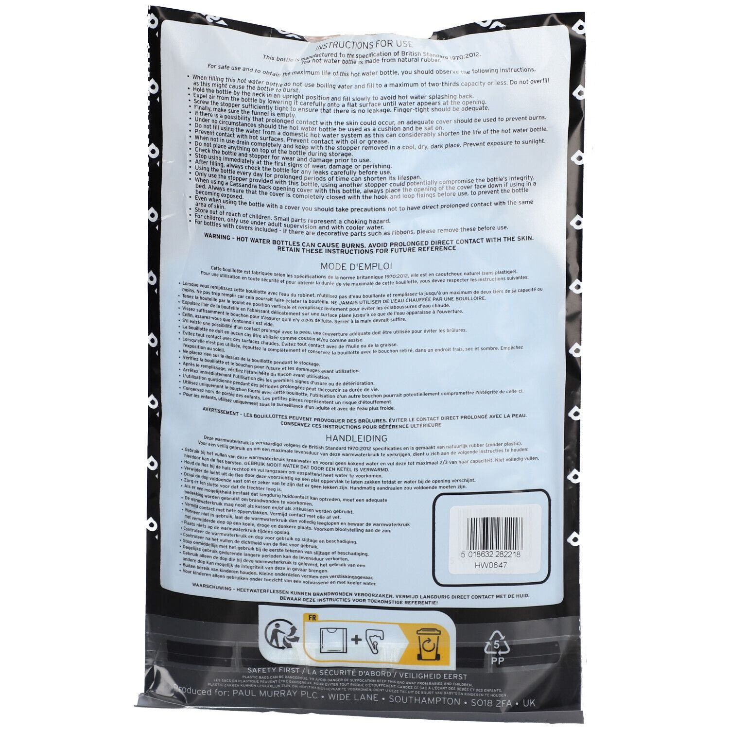 Rückseite der Verpackung mit Anweisungen. Barcode und Sicherheitsinformationen. Text in mehreren Sprachen.