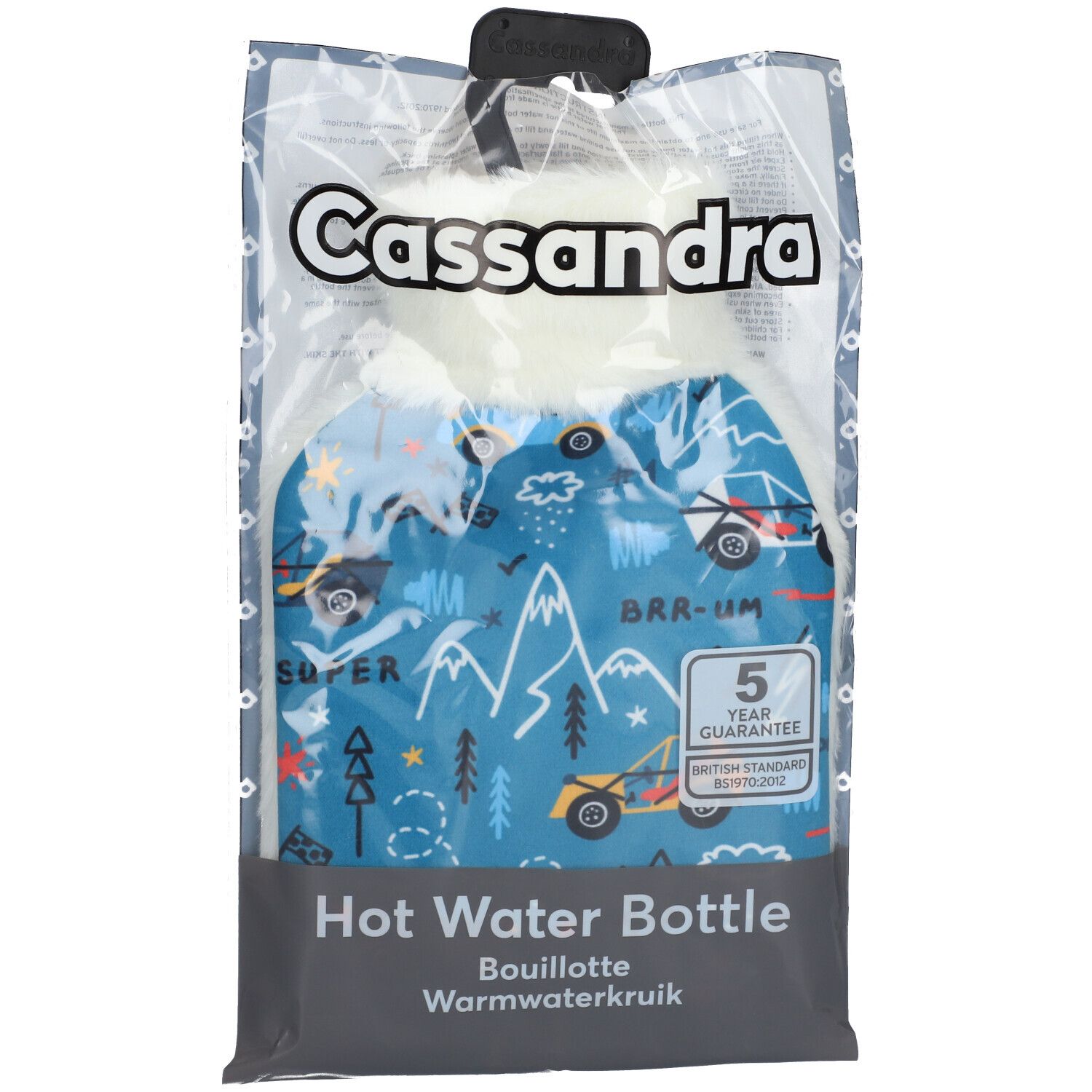 Bouillotte Cassandra dans un emballage. Bouteille bleue à motifs montagne, garantie 5 ans. Norme britannique.