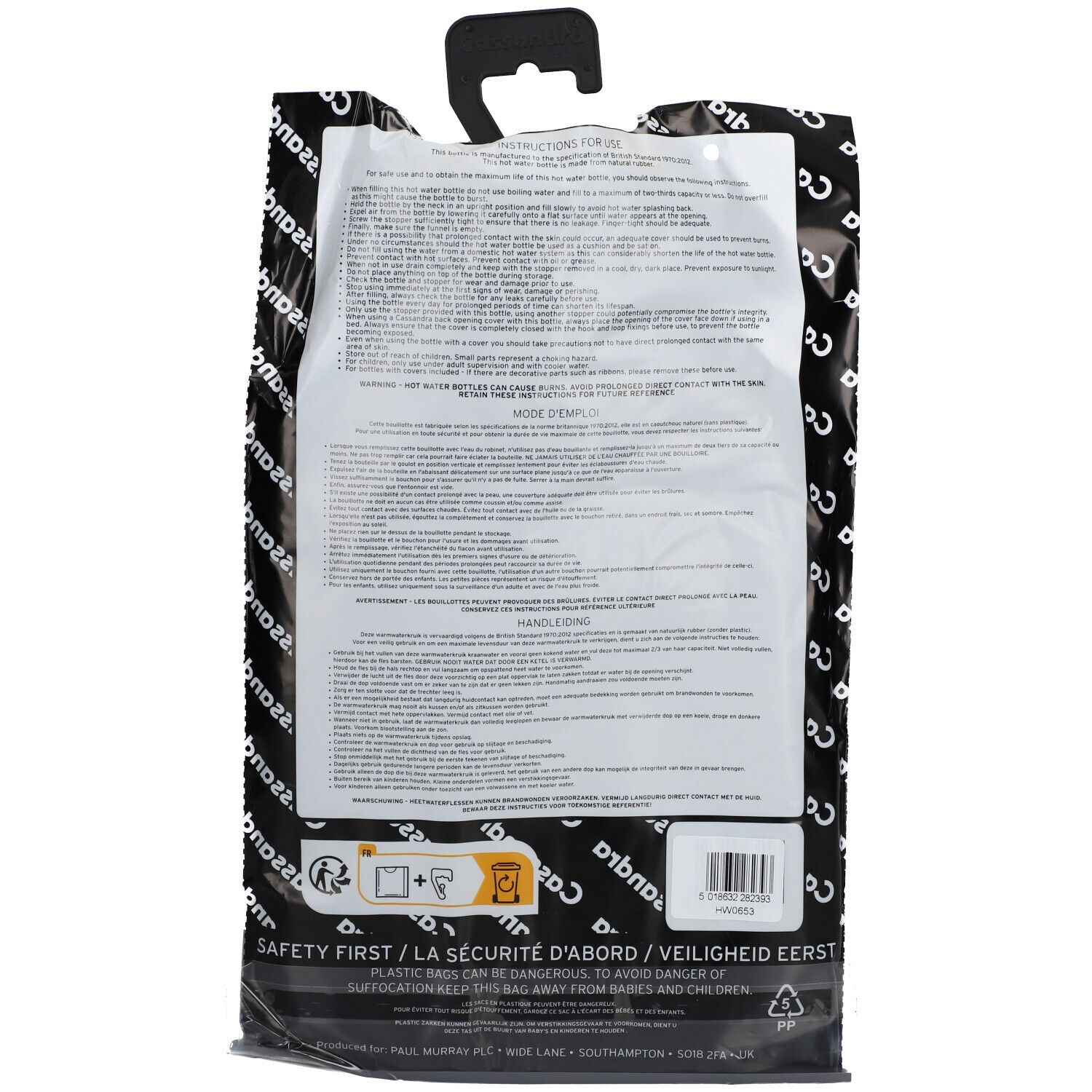 Achterkant van de verpakking met tekst en barcode. Merk Cassandra. Ophanghaak.