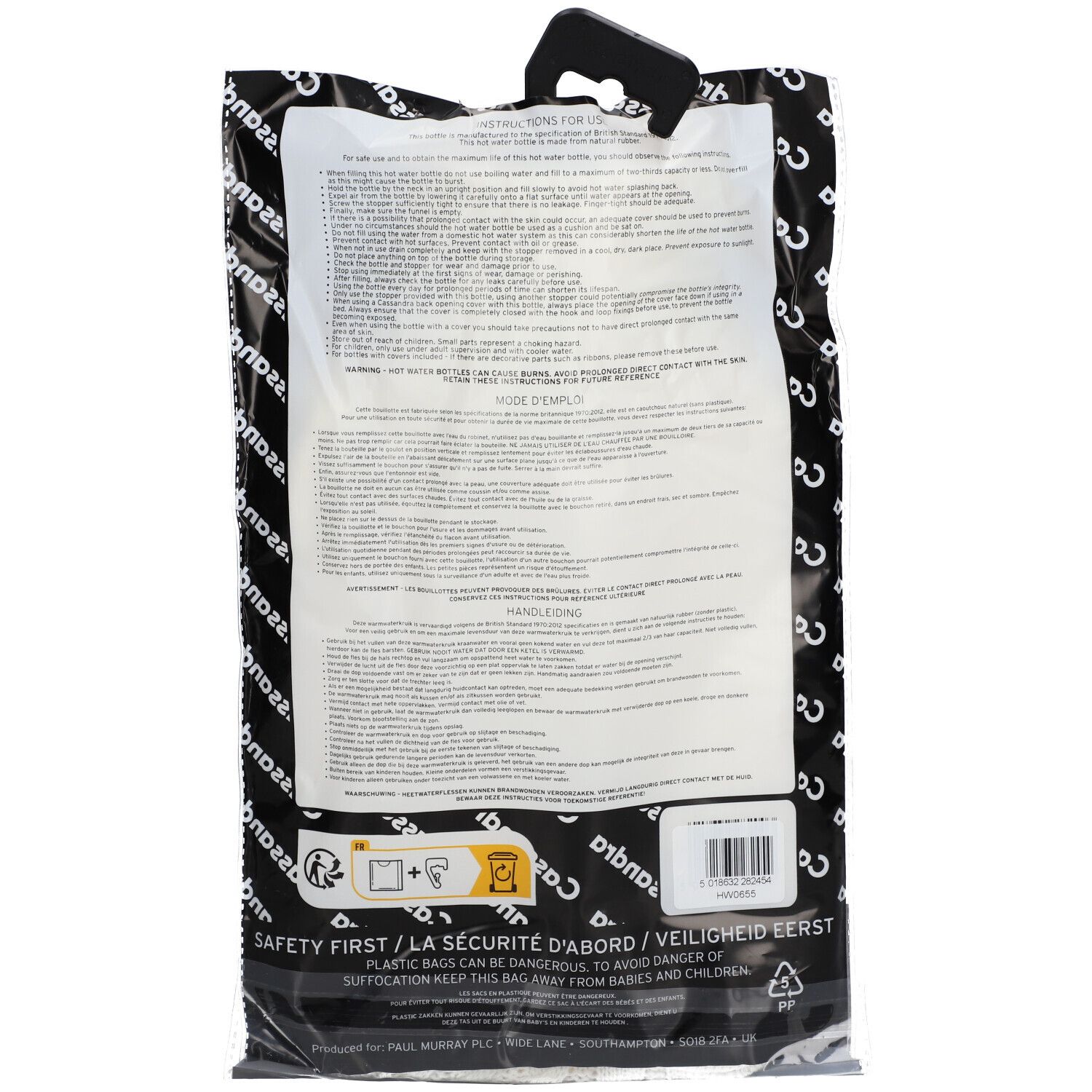 Rückseite der Verpackung mit Text. Marke Cassandra. Sicherheitsinformationen und Barcode.