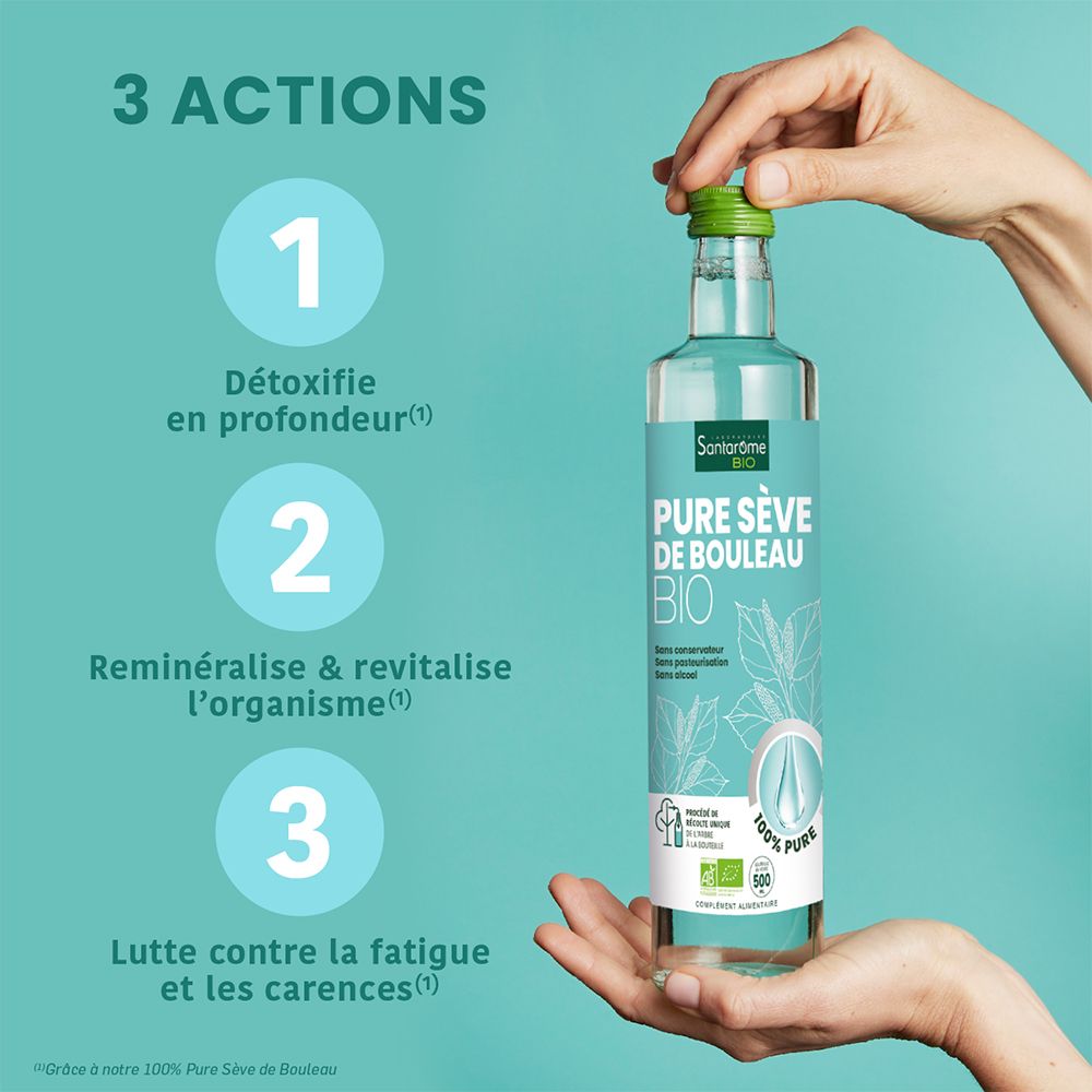 Mains tenant une bouteille Santarome Bio Pure Sève de Bouleau Bio. Texte: 3 actions: Détoxifie, reminéralise, lutte contre la fatigue.