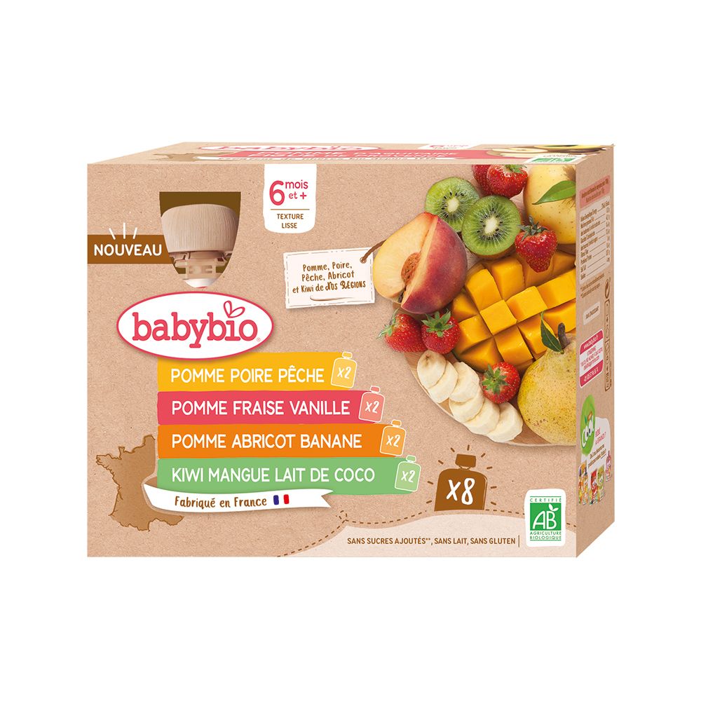 Babybio-Box mit Fruchtpürees für Babys ab 6 Monaten. Enthält 8 Beutel mit verschiedenen Geschmacksrichtungen. Bio-Zertifizierung.