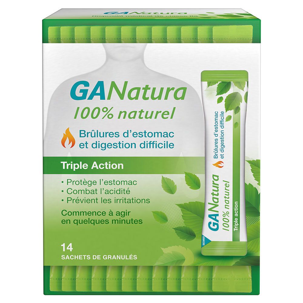 Boîte GANATURA 100% naturel. 14 sachets. Texte : Brûlures d'estomac et digestion difficile. Triple Action.