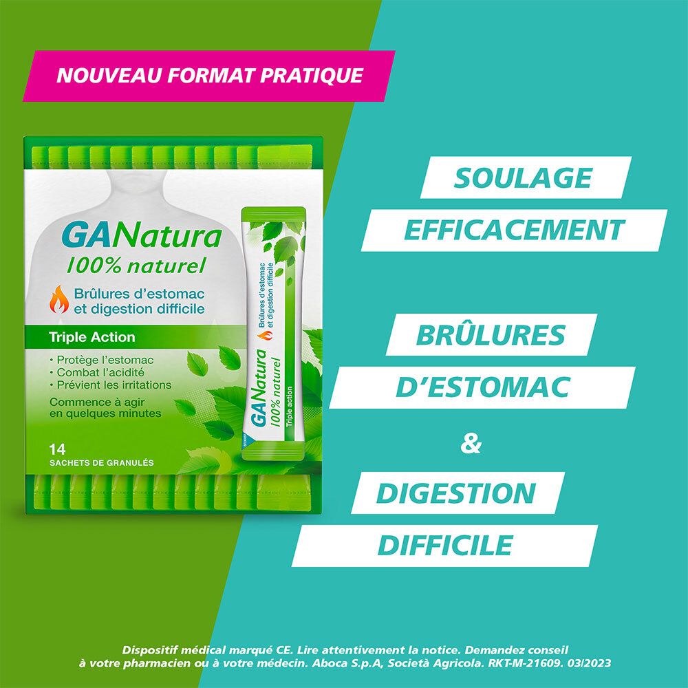 Fond turquoise avec texte : Soulafe efficacement, Brûlures d'estomac & digestion difficile. Dispositif médical.