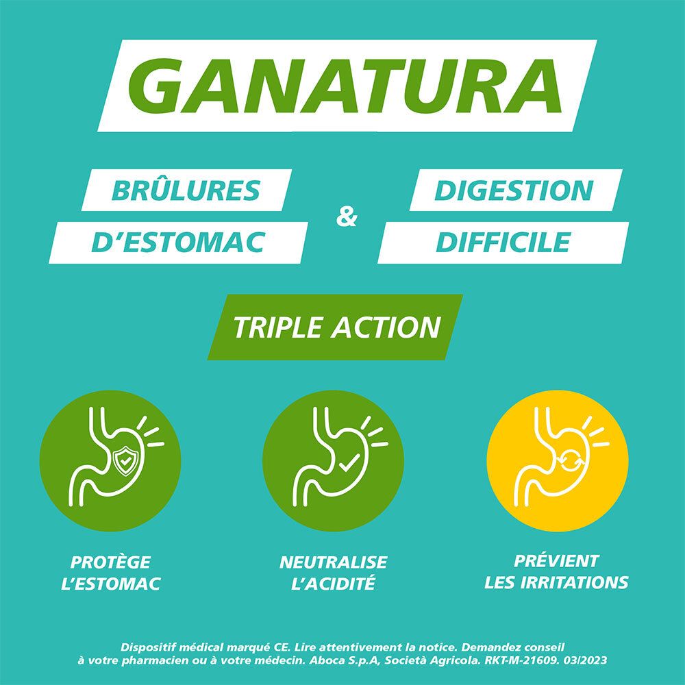 Texte : GANATURA, Brûlures d'estomac & digestion difficile. Triple Action. Illustrations : estomac.