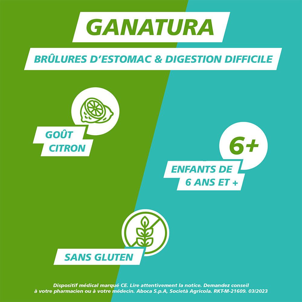 Texte : GANATURA, Brûlures d'estomac & digestion difficile. Goût citron. Sans gluten. Enfants de 6 ans et +.