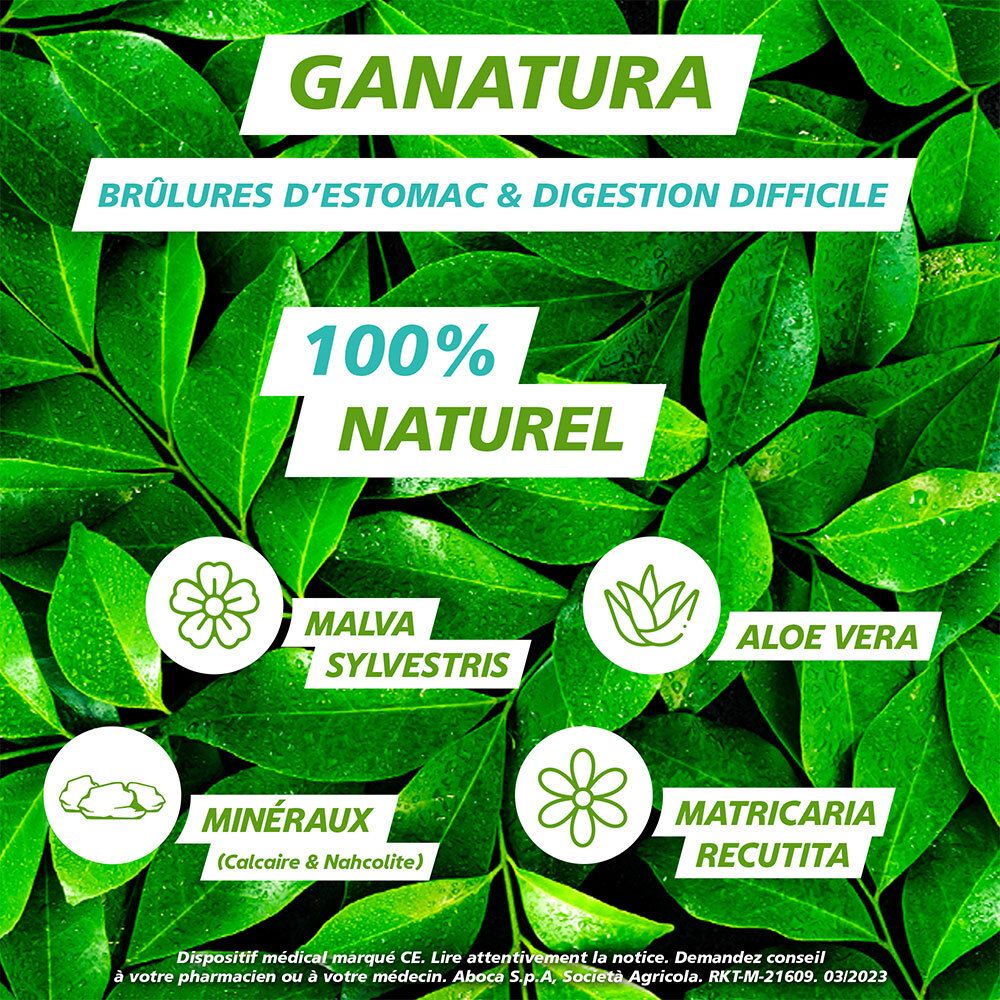 Fond vert avec feuilles. Texte : GANATURA, Brûlures d'estomac & digestion difficile. 100% naturel. Ingrédients.