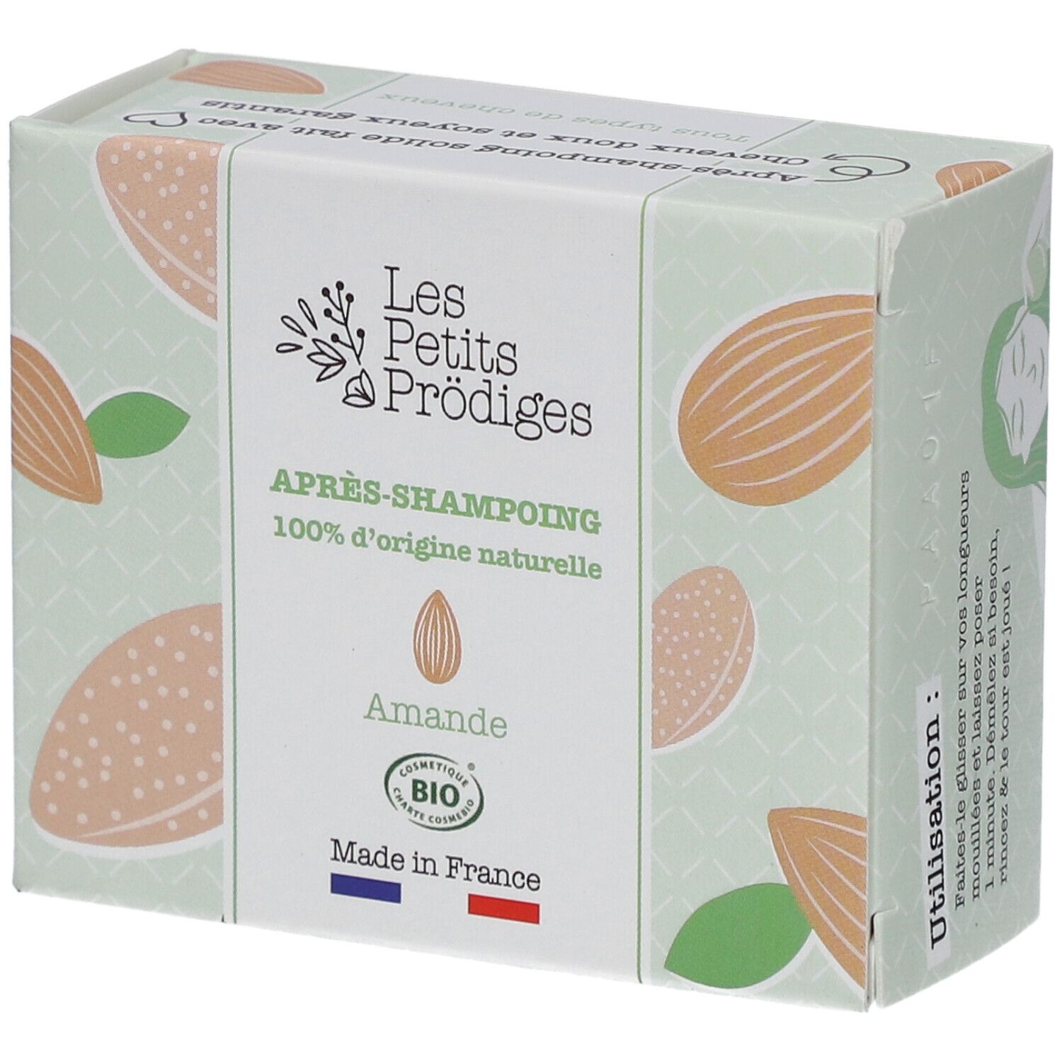 Boîte Les Petits Prodiges Après-shampooing. Motif amande, label bio, drapeau français.