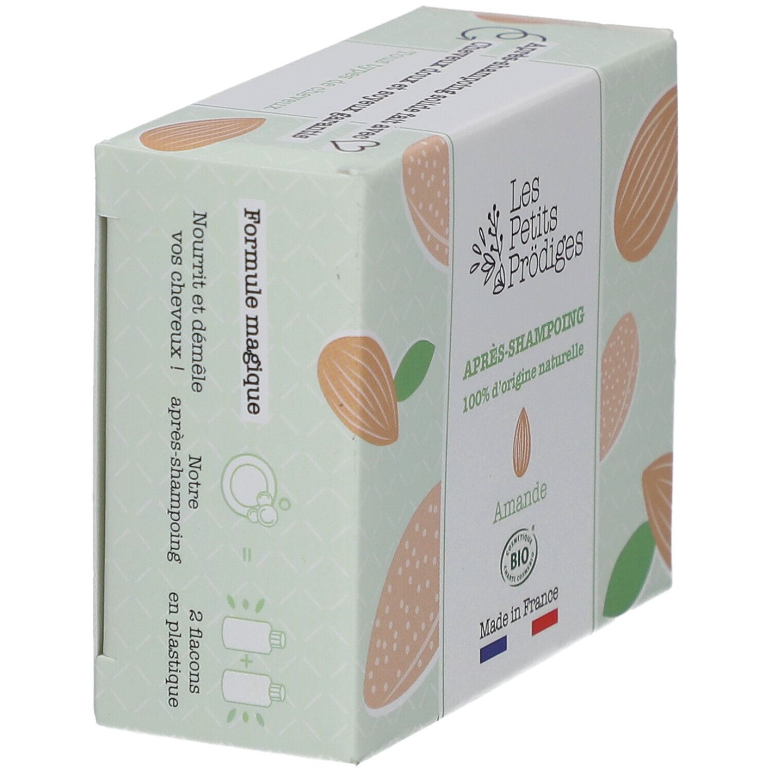 Boîte Les Petits Prodiges Après-shampooing. Texte, motif amande, label bio.