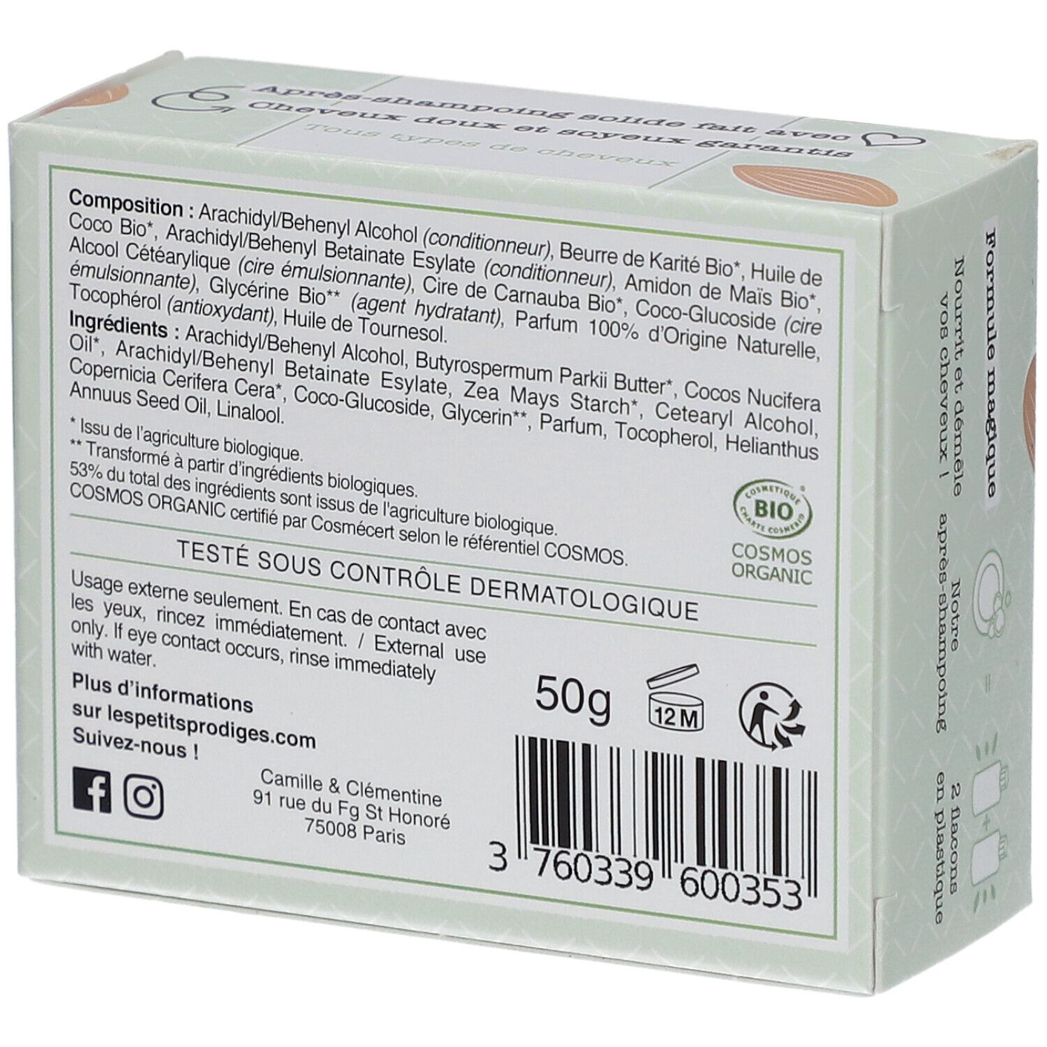 Boîte Les Petits Prodiges Après-shampooing. Ingrédients, 50g, label COSMOS ORGANIC.