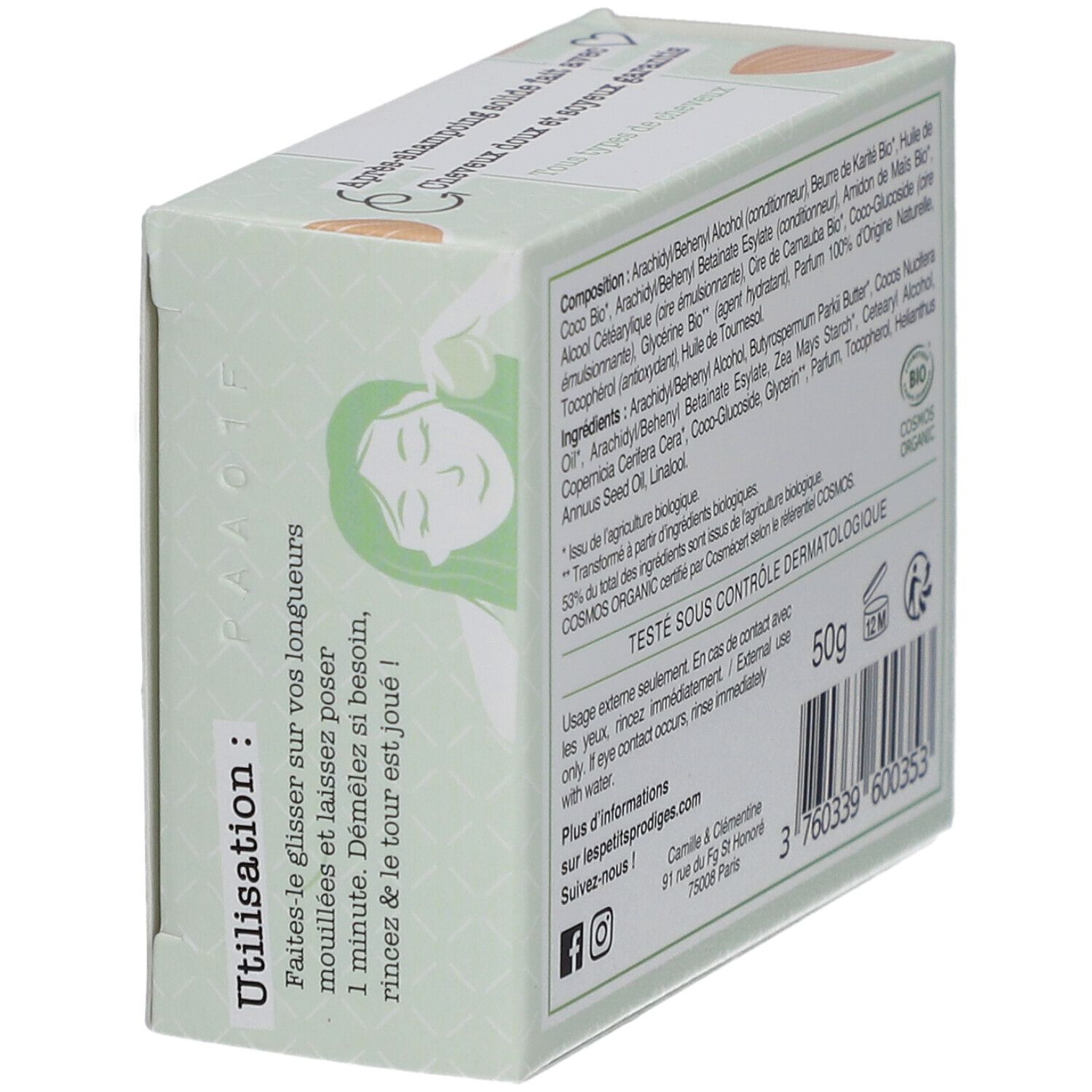Boîte Les Petits Prodiges Après-shampooing. Mode d'emploi, 50g, label COSMOS ORGANIC.