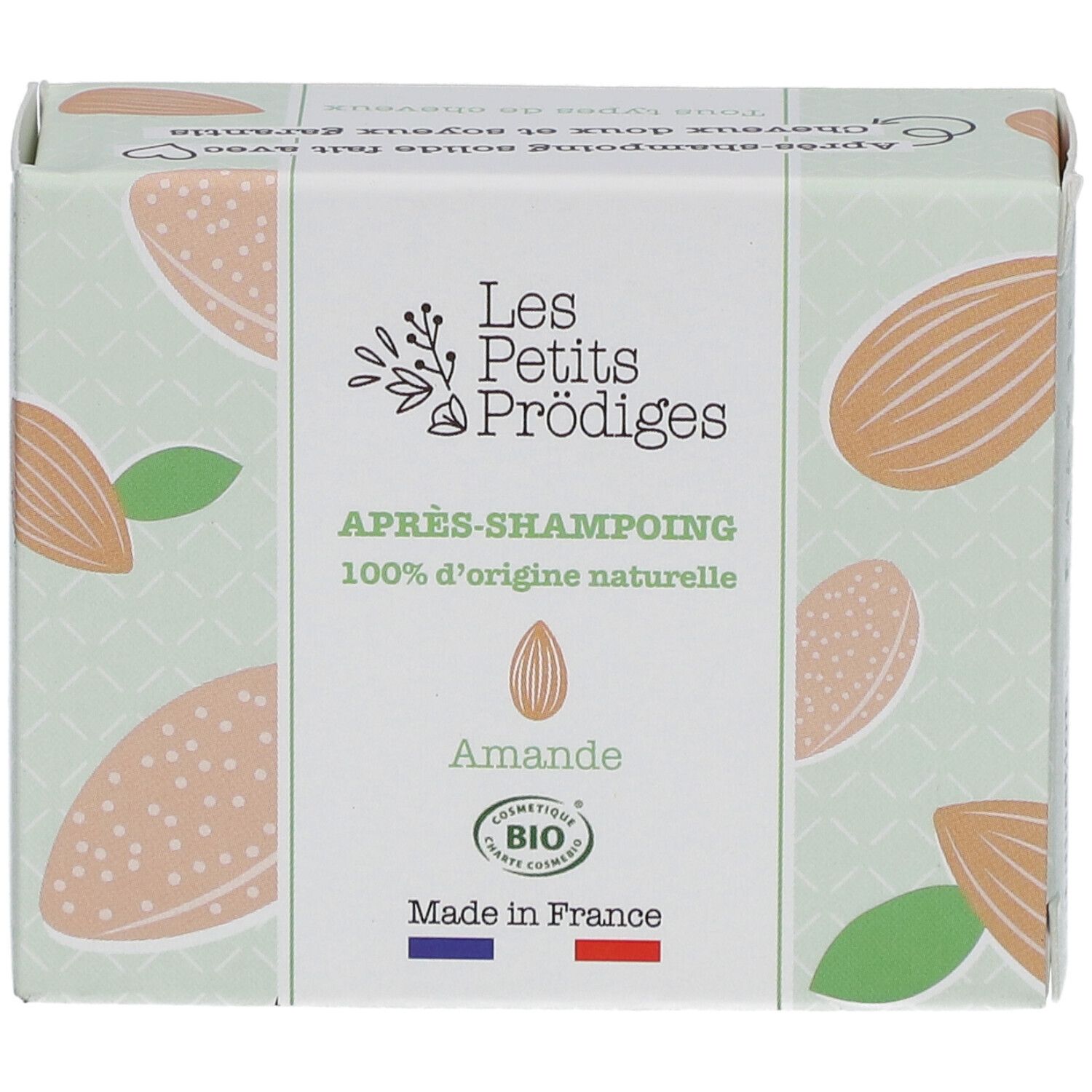 Boîte Les Petits Prodiges Après-shampooing. Motif amande, label bio, drapeau français.