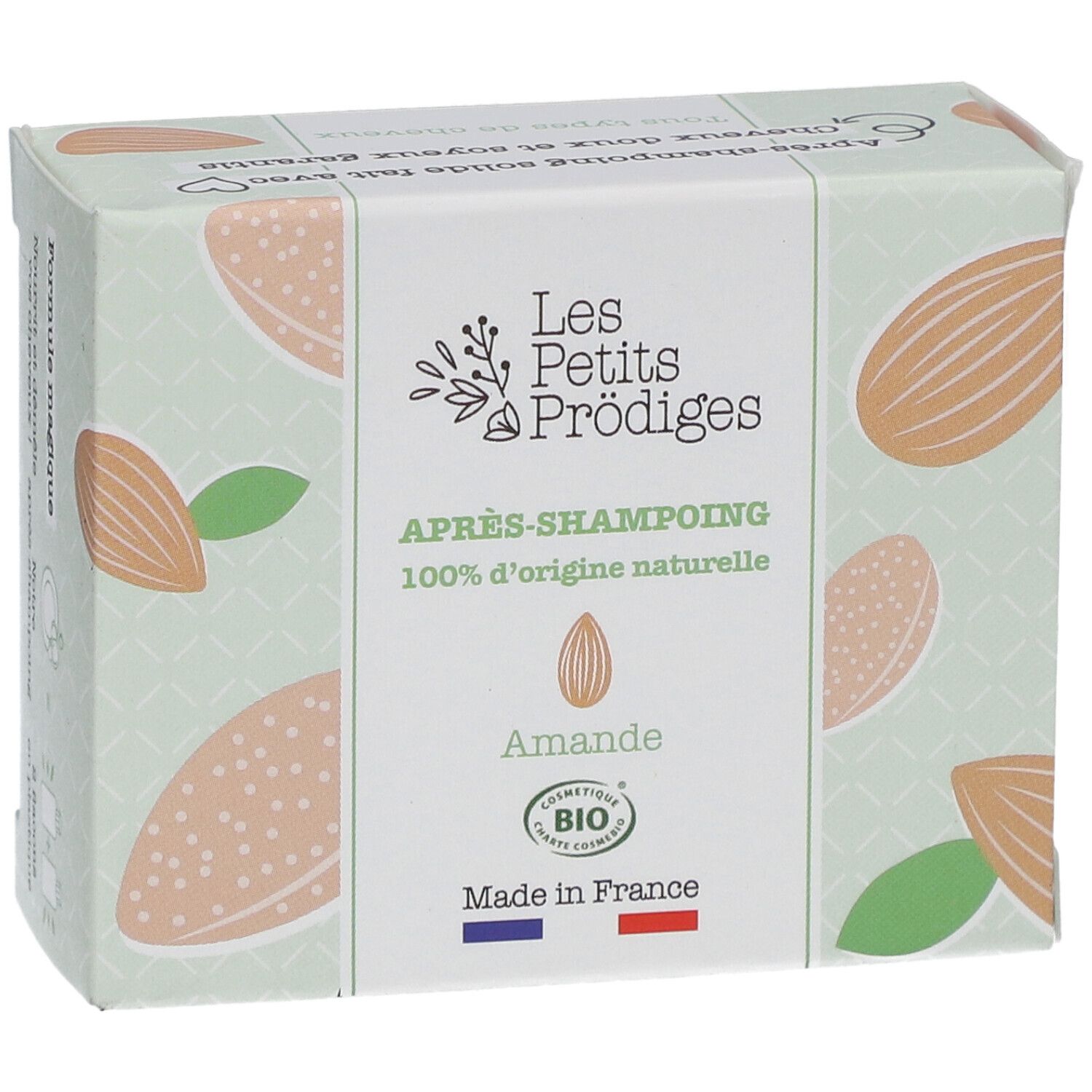 Boîte Les Petits Prodiges Après-shampooing. Motif amande, label bio, drapeau français.