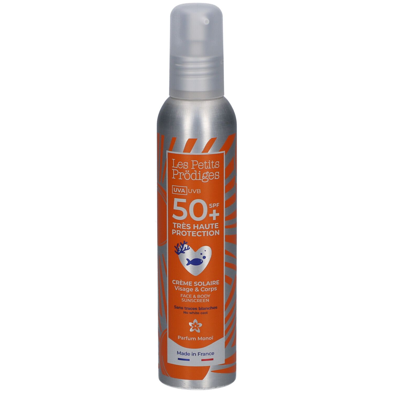 Spray de protection solaire, flacon argenté, étiquette orange. Texte: UVA UVB, SPF 50+, Crème Solaire Visage & Corps.