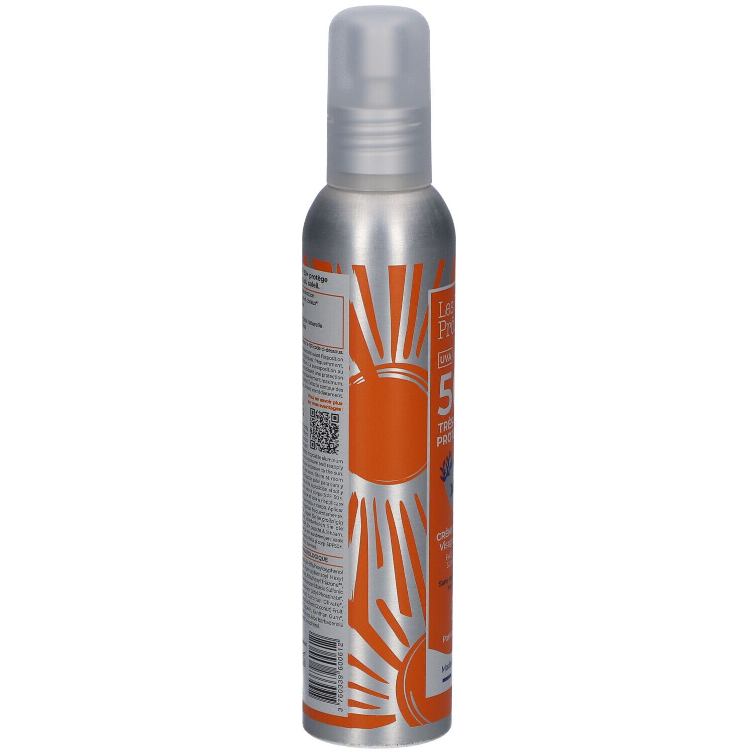Spray solaire, flacon argenté, étiquette orange. Dos avec texte et QR code. Symbole soleil.