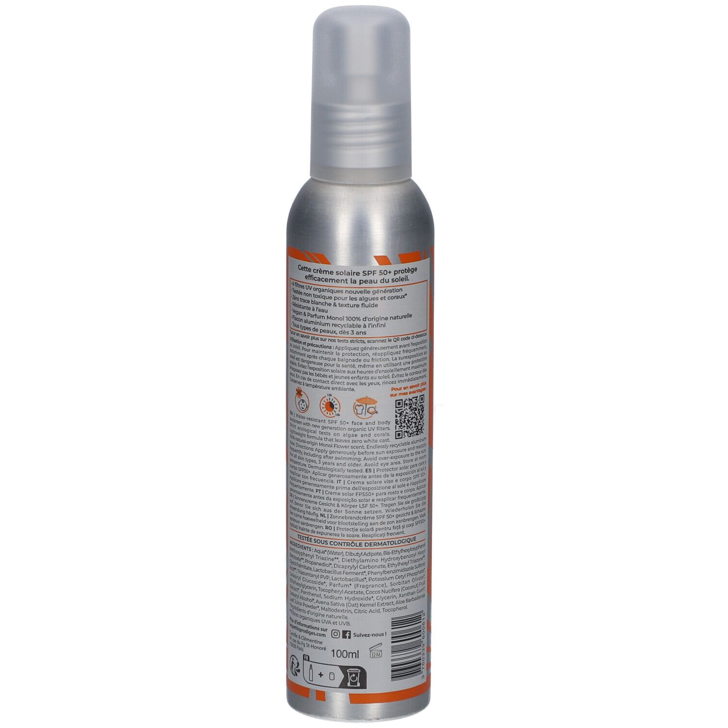 Spray solaire, flacon argenté, texte au dos. Contient des informations sur l'utilisation et les ingrédients.