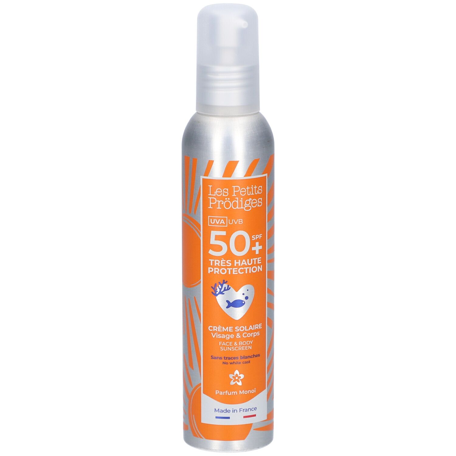 Spray solaire, flacon argenté, étiquette orange. Texte: UVA UVB, SPF 50+, Crème Solaire Visage & Corps.
