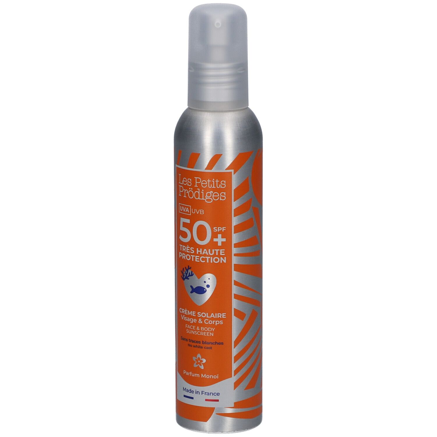 Spray solaire, flacon argenté, étiquette orange. Texte: UVA UVB, SPF 50+, Crème Solaire Visage & Corps.