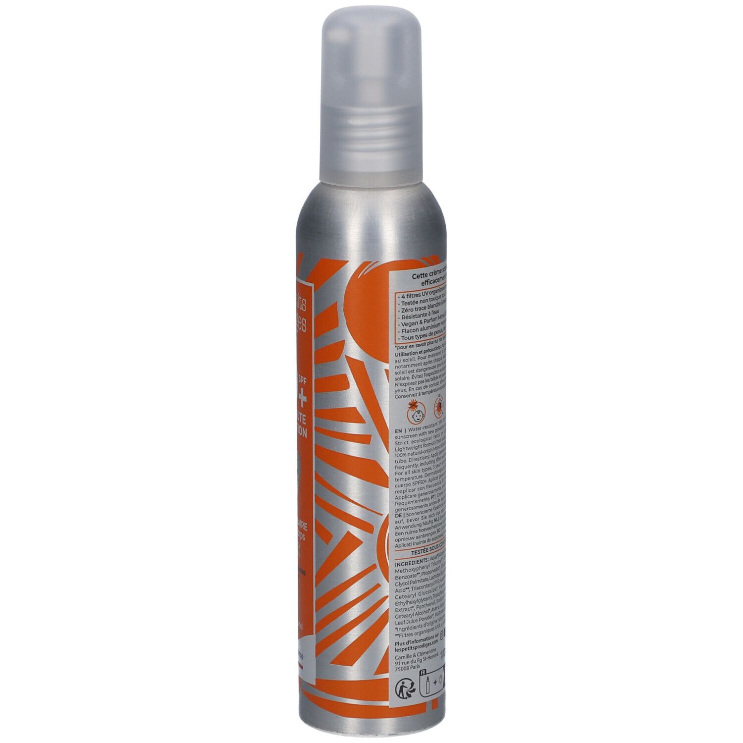 Spray solaire, flacon argenté, étiquette orange. Dos avec texte et symbole soleil.