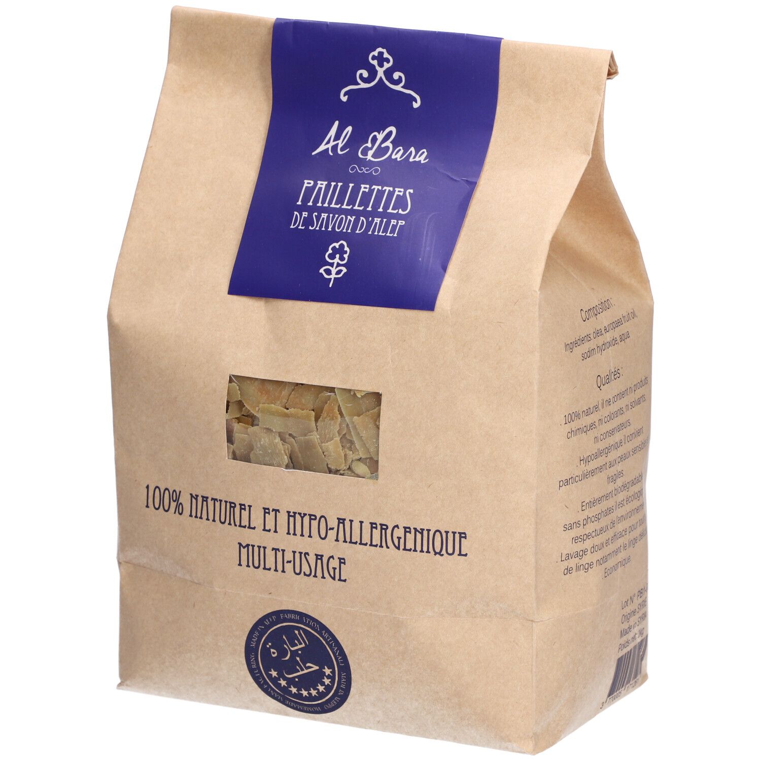 Beutel mit Seifenflocken. Sichtfenster. Blaue Banderole mit "Al Bara" und "PAILLETTES DE SAVON D'ALEP". Aufdruck: "100% NATUREL ET HYPO-ALLERGENIQUE".