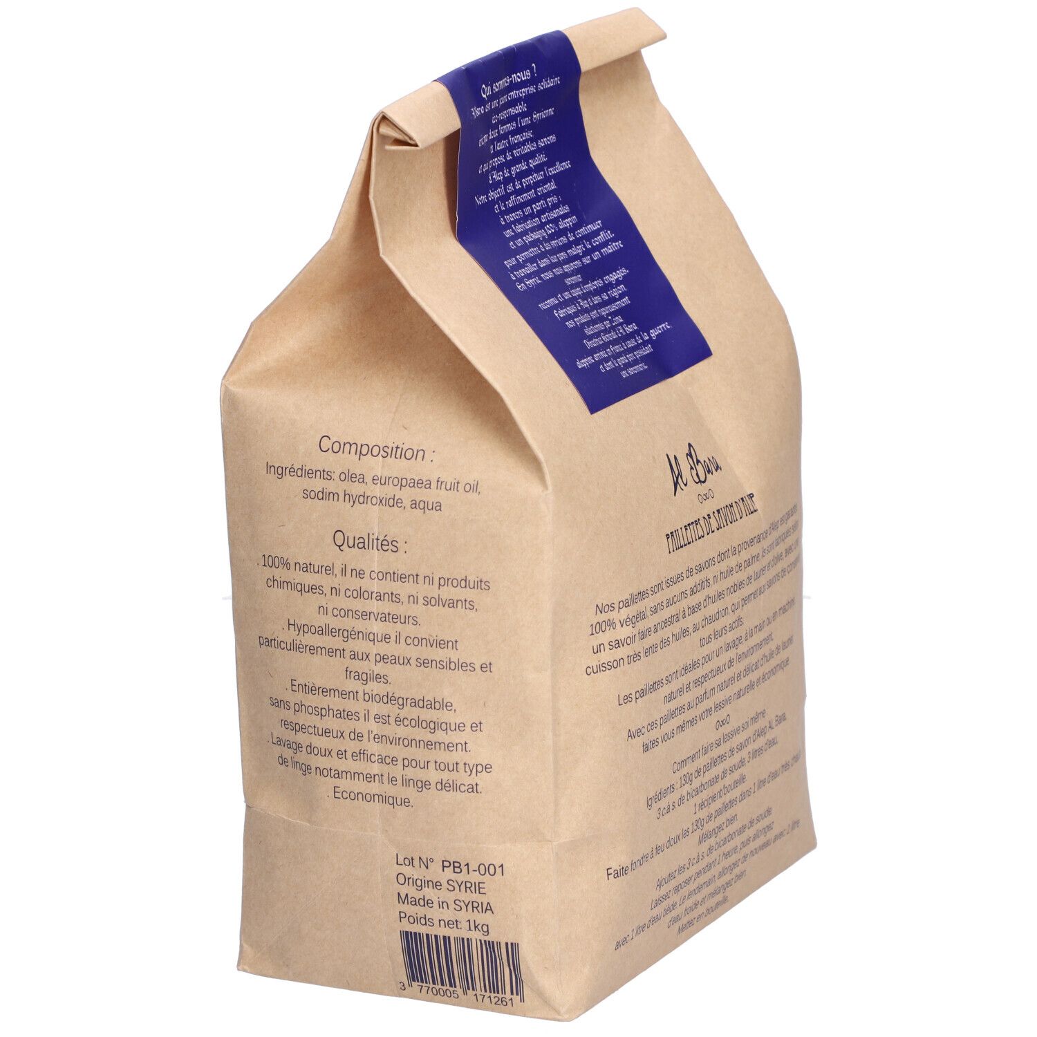 Rückseite des Seifenflockenbeutels. Inhaltsstoffe, Qualitätshinweise, Losnummer und Herkunft. Aufdruck: "Al Bara" und "PAILLETTES DE SAVON D'ALEP".