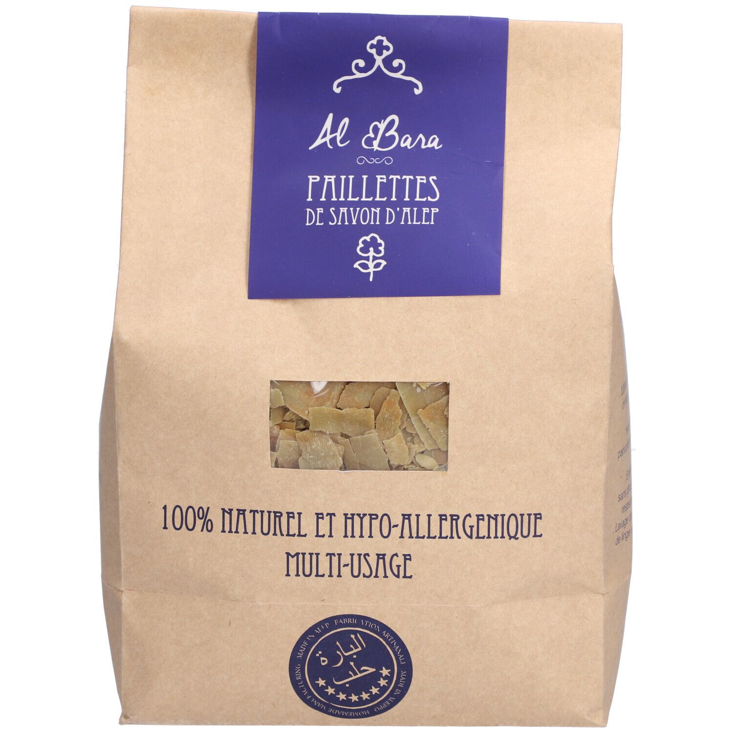 Beutel mit Seifenflocken. Sichtfenster. Blaue Banderole mit "Al Bara" und "PAILLETTES DE SAVON D'ALEP". Aufdruck: "100% NATUREL ET HYPO-ALLERGENIQUE".