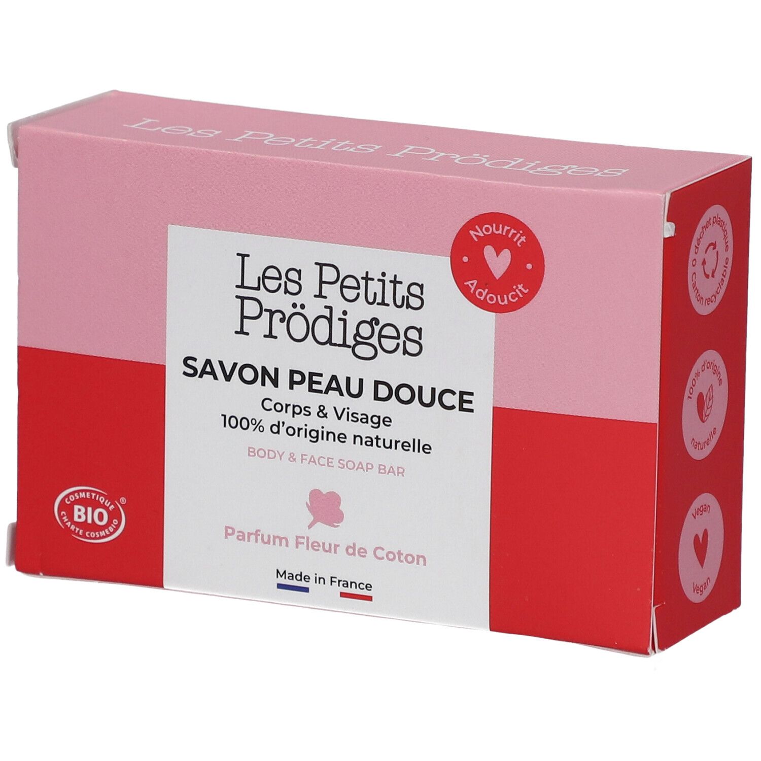 Boîte rose avec texte: SAVON PEAU DOUCE, 100% d'origine naturelle, Parfum Fleur de Coton. Certification BIO.