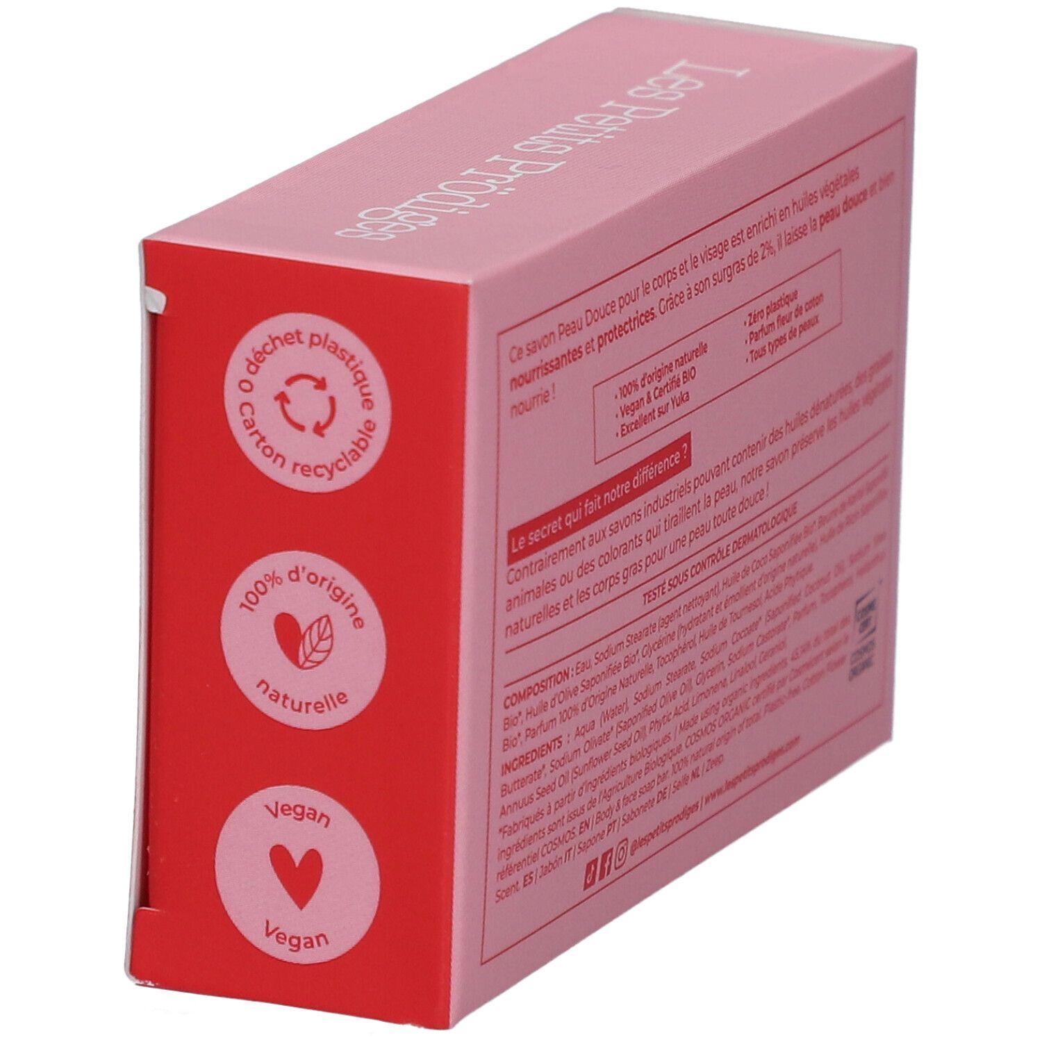 Boîte rose avec texte et symboles: 0 déchets plastique, 100% naturelle, Vegan. Texte sur les avantages et ingrédients.
