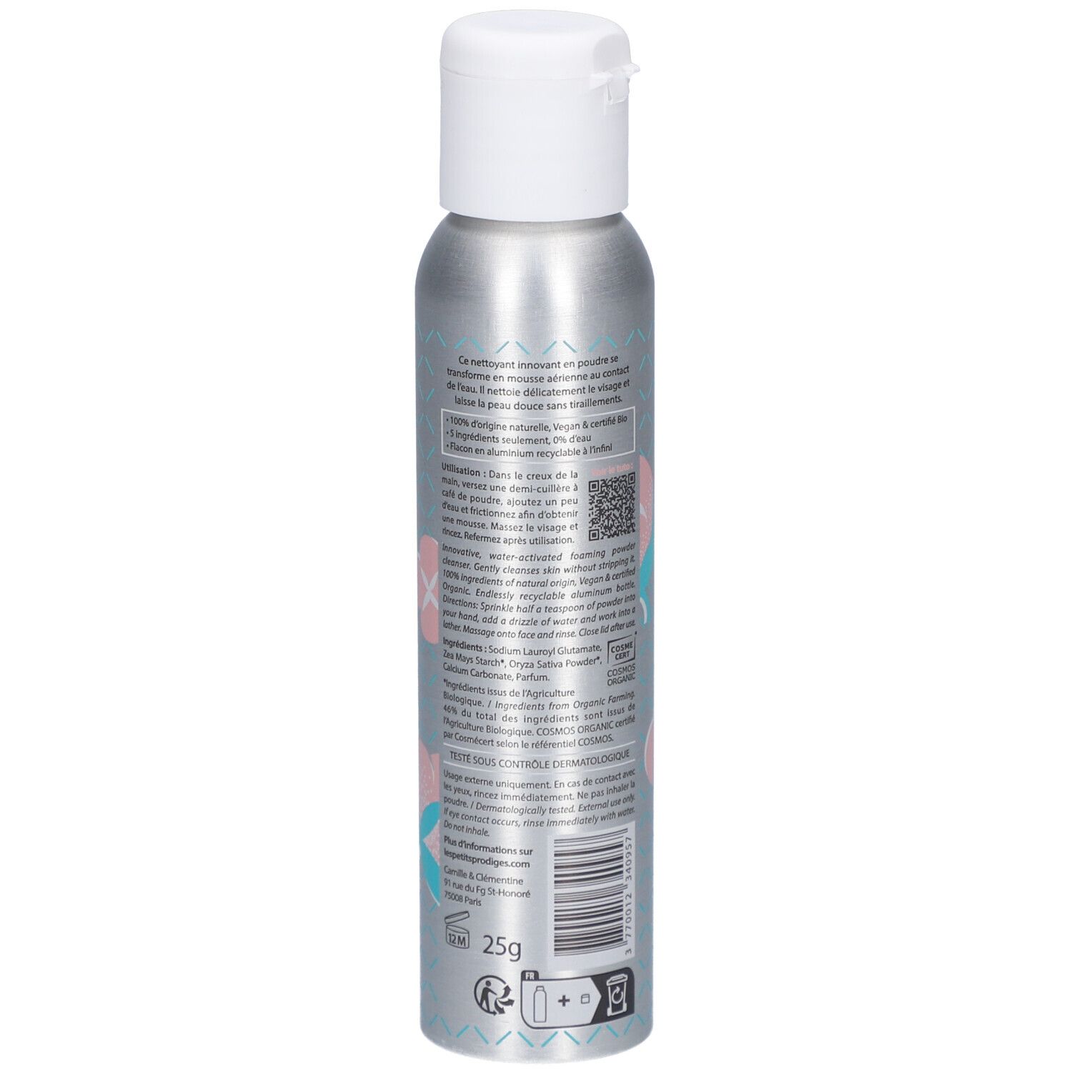 Flacon cylindrique à bouchon blanc. Dos avec informations produit, ingrédients et code QR. 25g.