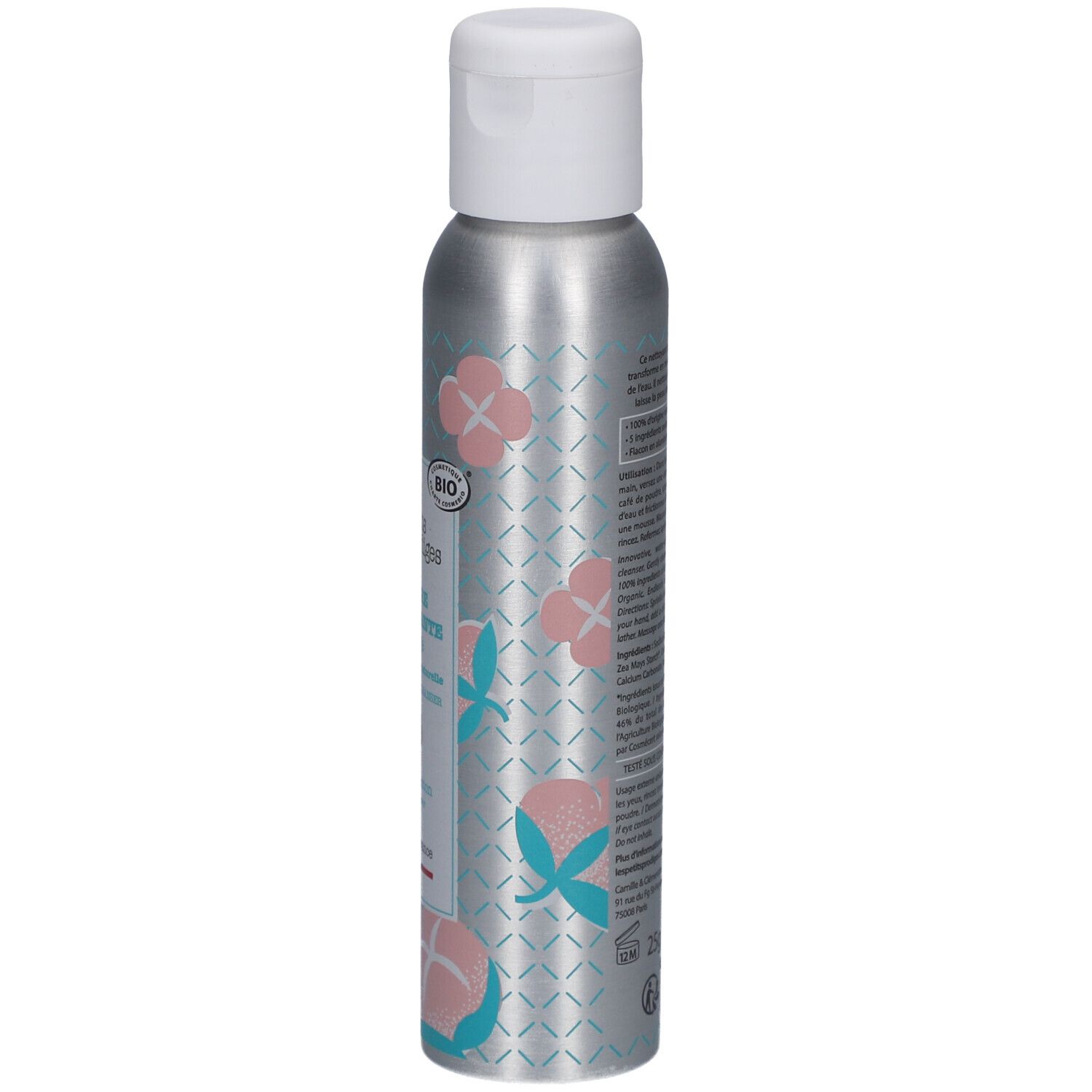 Flacon cylindrique à bouchon blanc. Impression d'informations produit et code QR. Argenté avec motif floral.