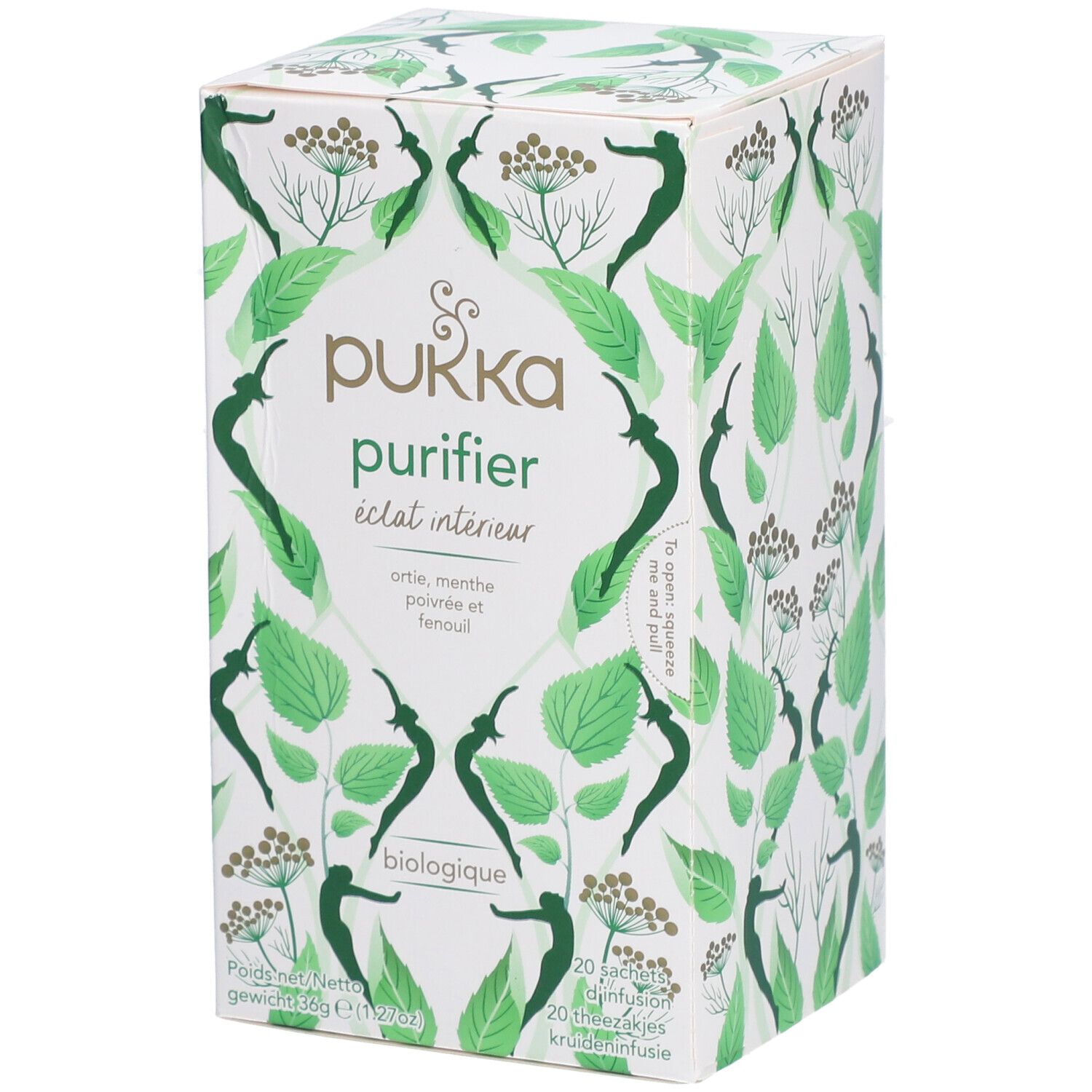 Boîte Pukka Purifier. Ingrédients : ortie, menthe poivrée et fenouil. Label biologique. Contient 20 sachets.
