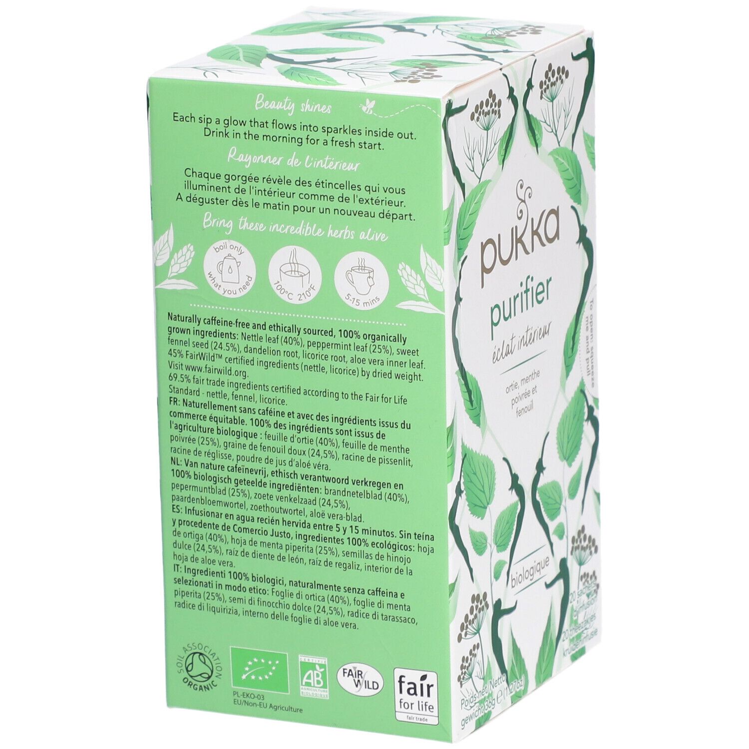 Dos de la boîte Pukka Purifier. Ingrédients, certification Fair for Life, label bio. Contient 20 sachets.