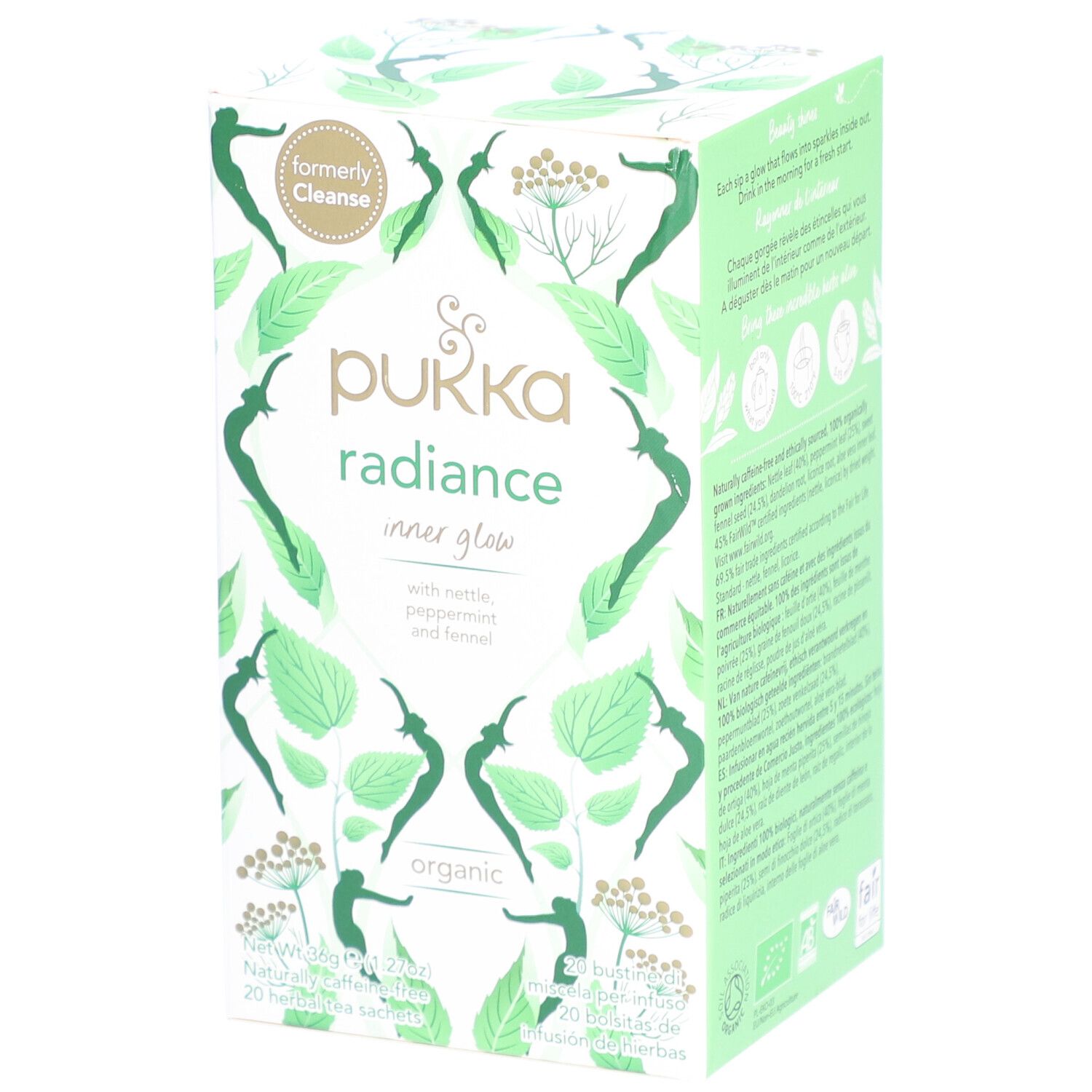 Boîte de thé Pukka Radiance. Ingrédients : ortie, menthe poivrée et fenouil. Contient 20 sachets.