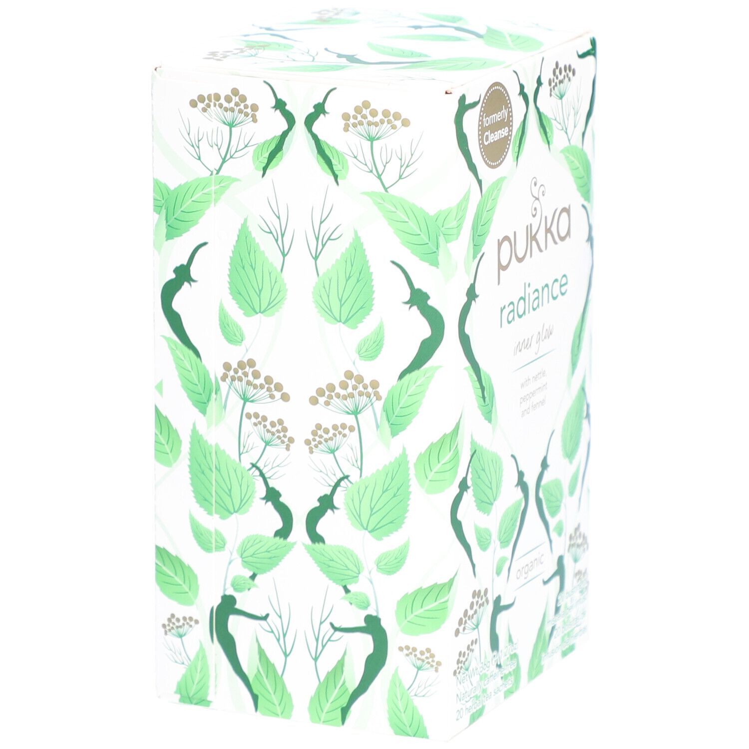 Boîte de thé Pukka Radiance. Ingrédients : ortie, menthe poivrée et fenouil. Contient 20 sachets.