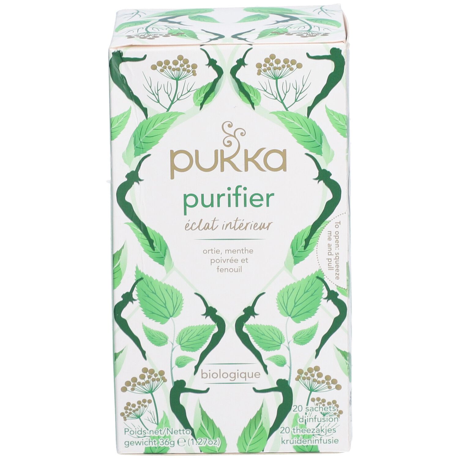 Boîte de thé Pukka Purifier. Ingrédients : ortie, menthe poivrée et fenouil. Label biologique. 20 sachets.