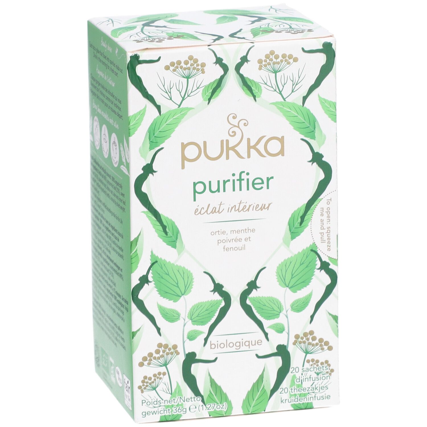 Boîte de thé Pukka Purifier. Ingrédients : ortie, menthe poivrée et fenouil. Label biologique. 20 sachets.
