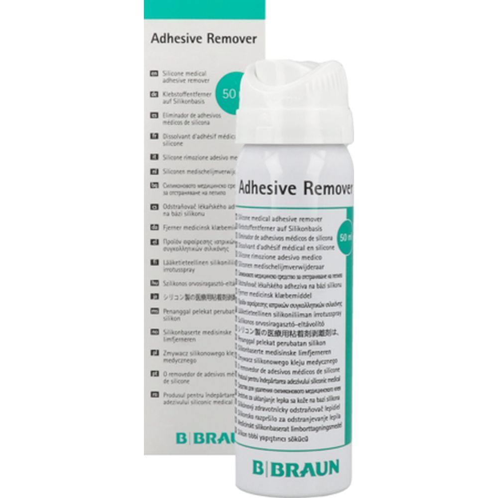 B. Braun, dissolvant adhésif en spray et emballage. Inscription: Adhesive Remover, 50 ml.