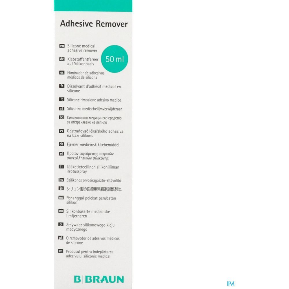 B. Braun, emballage de dissolvant adhésif. Inscription: Adhesive Remover, 50 ml.