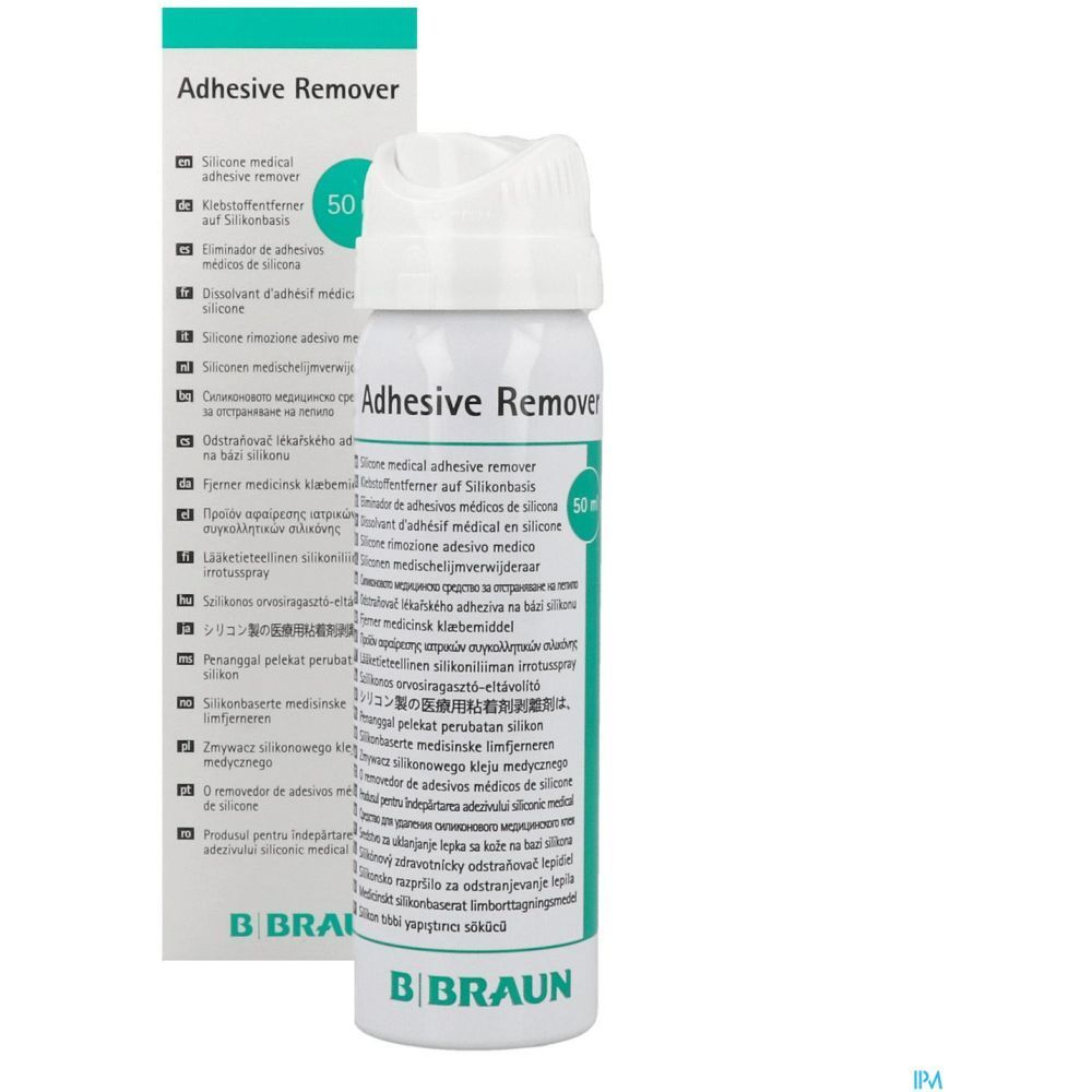 B. Braun, dissolvant adhésif en spray et emballage. Inscription: Adhesive Remover, 50 ml.